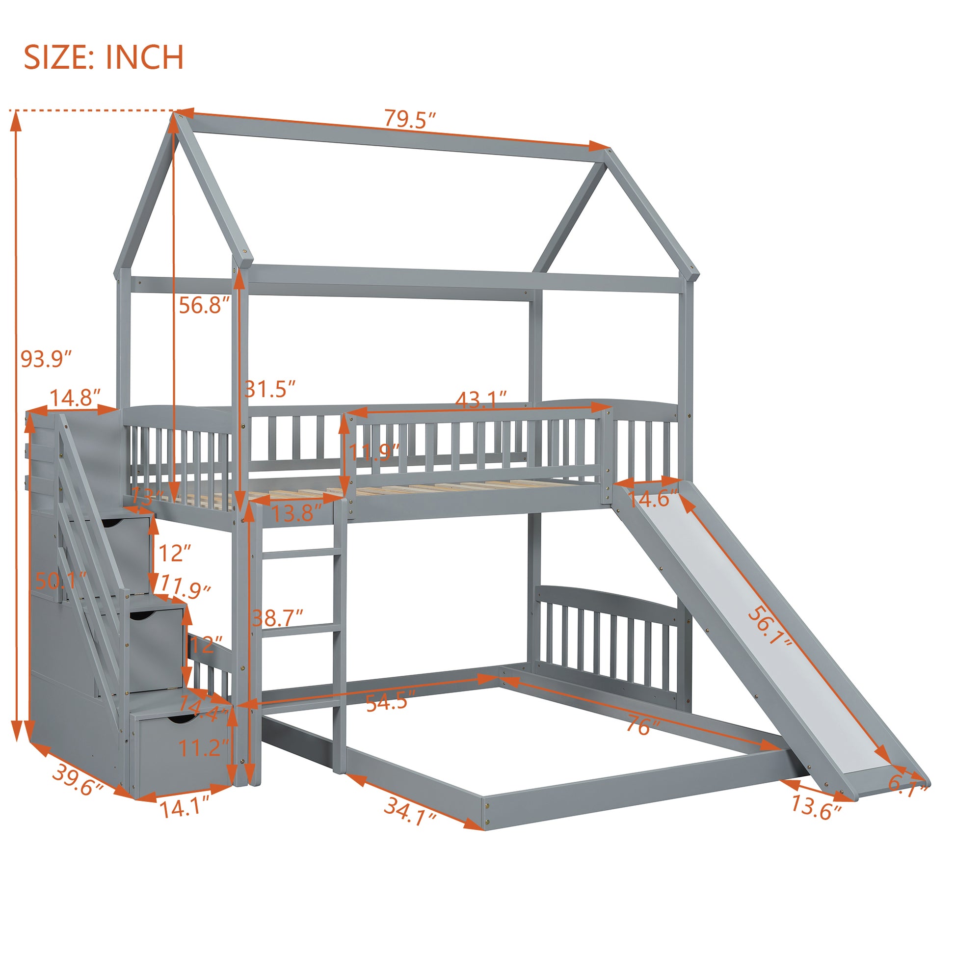 Twin Over Twin Bunk Bed With Two Drawers And Slide, House Bed With Slide, White Old Sku :Lt000129Aae Gray Pine