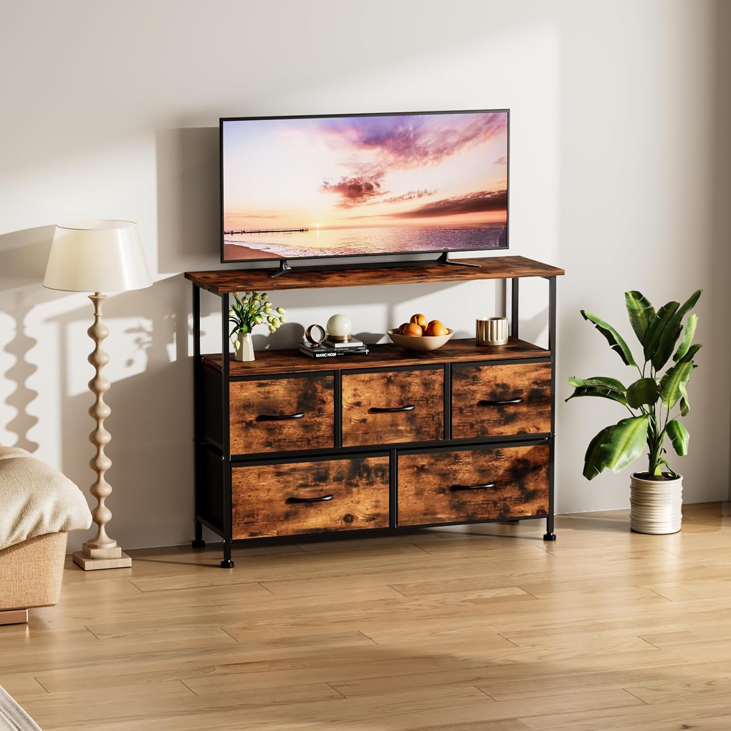 Tv Stand Dresser For Bedroom Entertainment Center With 5 Fabric Drawers, Storage Organizers Units For Living Room, Media Console Table With Open Shelf Up For 45" Tv, Rust, Wood Top Rust 39 Inches Or