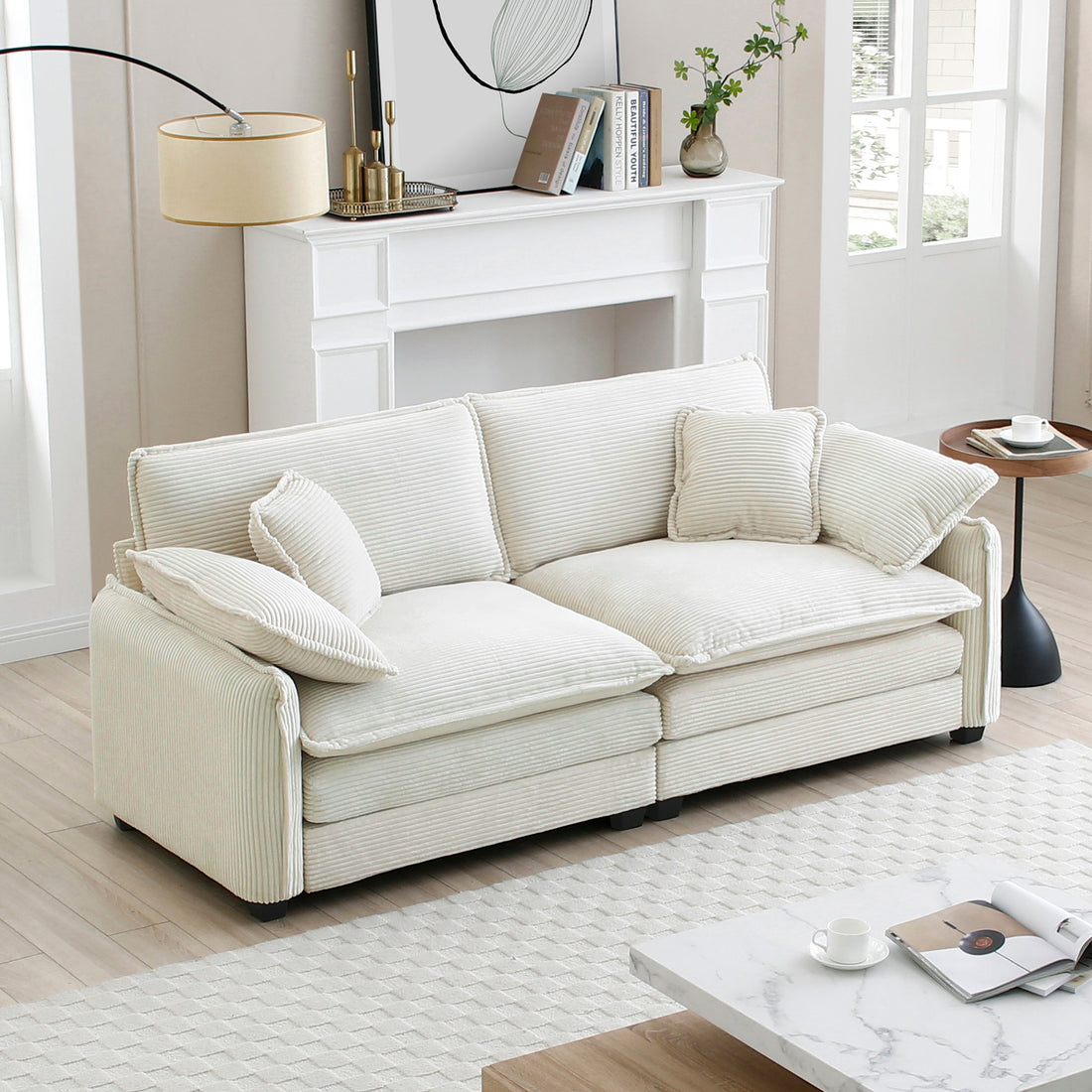 Warm And Cozy Living Room Sofa With 4 Pillows Upholstered Large Deep Seat 2 Seater Sofa For Living Room, Beige Corduroy Beige Corduroy 2 Seat