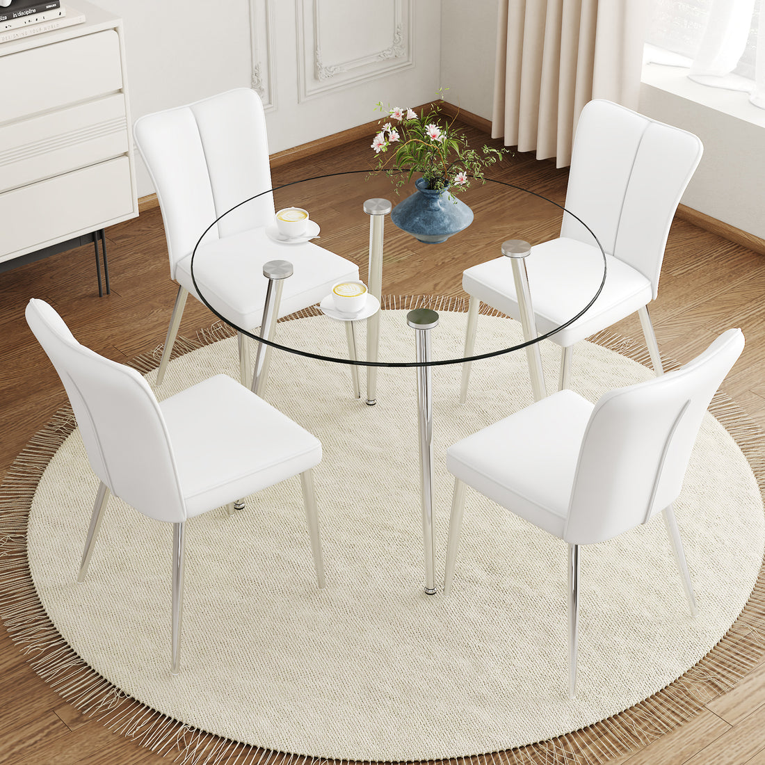 Table And Chair Set.A Modern Minimalist Round Dining Table With Transparent Tempered Glass Top And Silver Metal Legs,Paried With 4 Chairs With Pu Backrest And Seat Cushion And Silver Metal Legs. Transparent,White Seats 4 Glass Metal