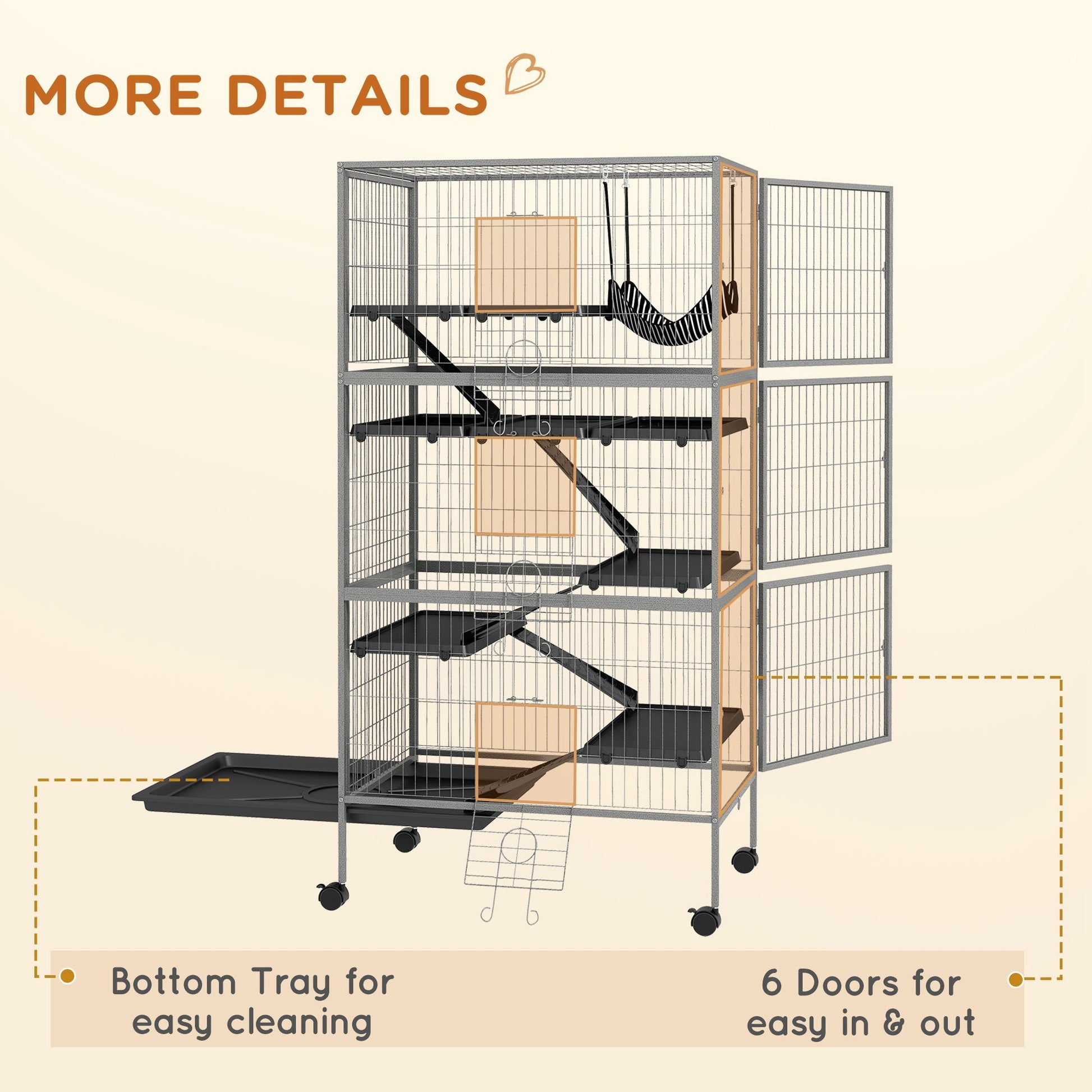 Pawhut 63" 6 Tier Small Animal Cage, Ferret Cage, Large Chinchilla Cage With Hammock Accessory & Heavy Duty Steel Wire, Small Animal Habitat With 6 Doors, Removable Tray, Gray Gray Iron Plastic