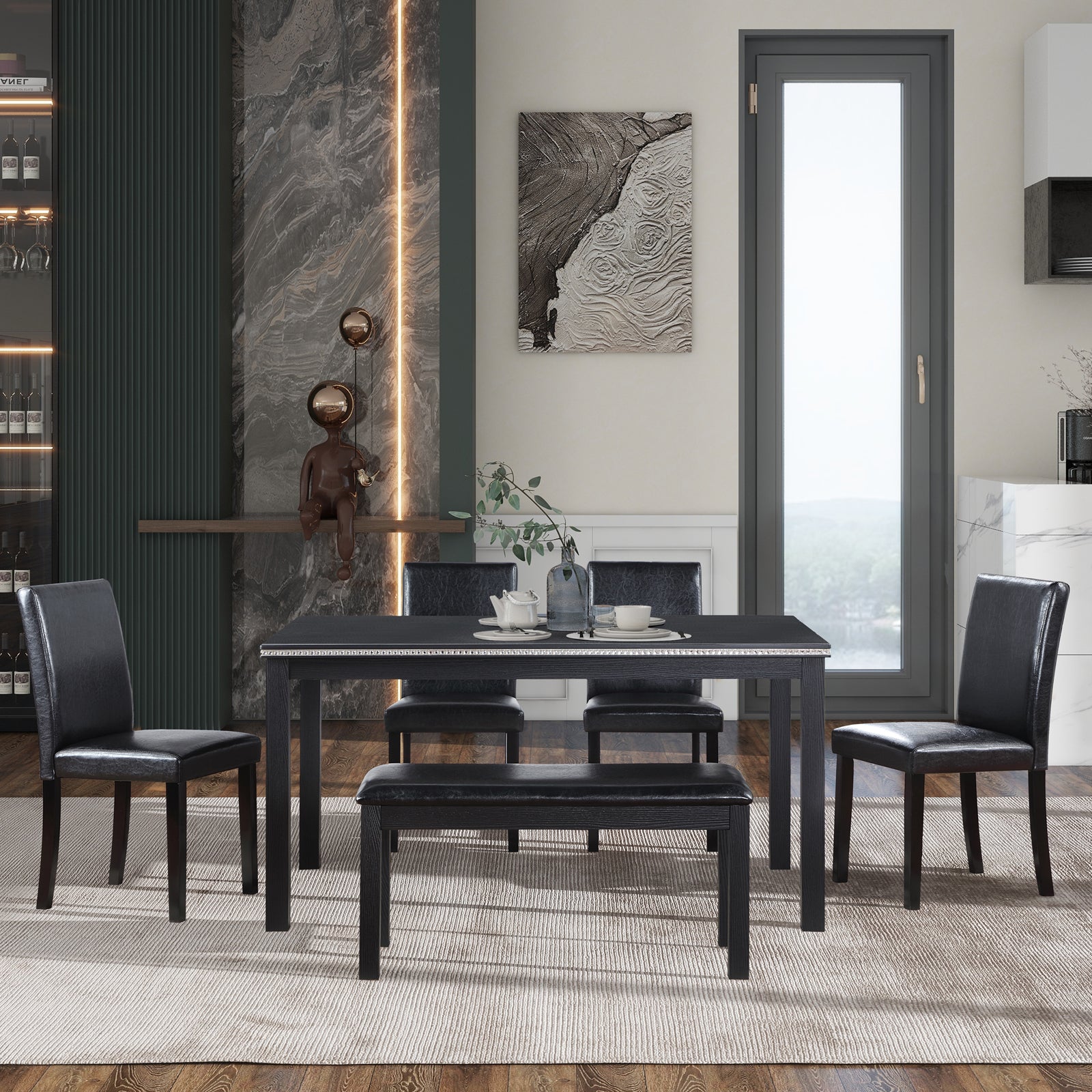 Wooden Dining Rectangular Table With Bench, Kitchen Table With Bench For Small Space, 6 Person Dining Table, Black Black Seats 6 Dining Room Rectangular 4 Leg Rectangular Dining Table With Chair And Bench Solid Wood Mdf