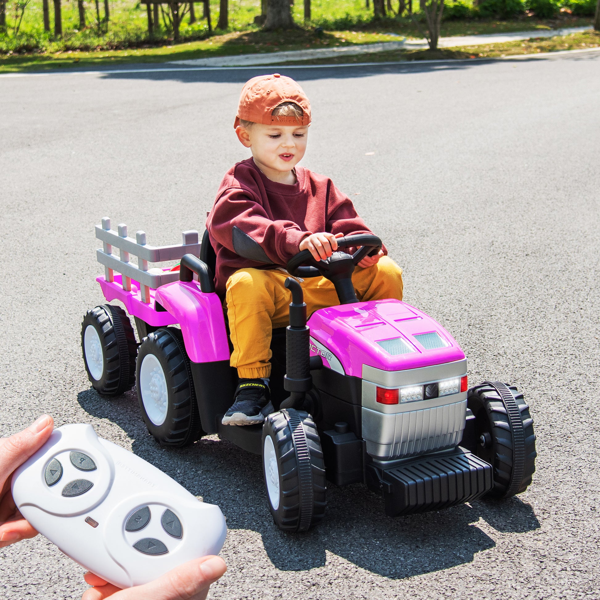 Pink, 12V7Ah Battery Powered Toy Tractor With Trailer, Remote Control, Kids' Electric Excavator Vehicles With 2X35W Dual Motor, Treaded Tires, Led Lights, Usb, Music, Safety Belt Gift Childrens Day Pink 50 99 Lbs Iron Plastic Iron Plastic Indoor &