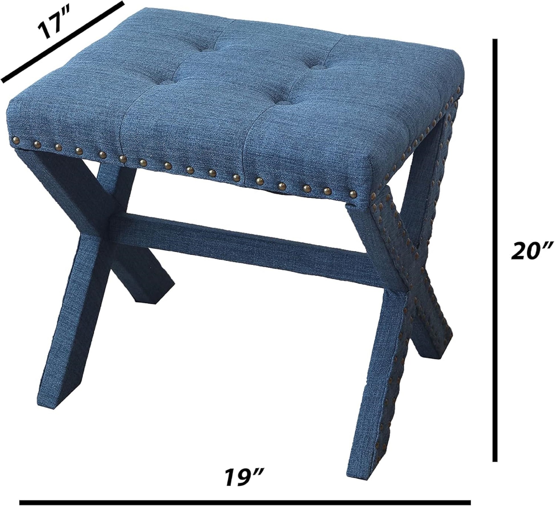 Set Of 2 Silver Modern Chic Vanity Stool Upholstered Chair Soft Linen Fabric Trim Tufted Seat And Solid Wood Frame Blue Blue Vanity Stools Polyester Bedroom Rectangular Blue Traditional Nailheads Wood