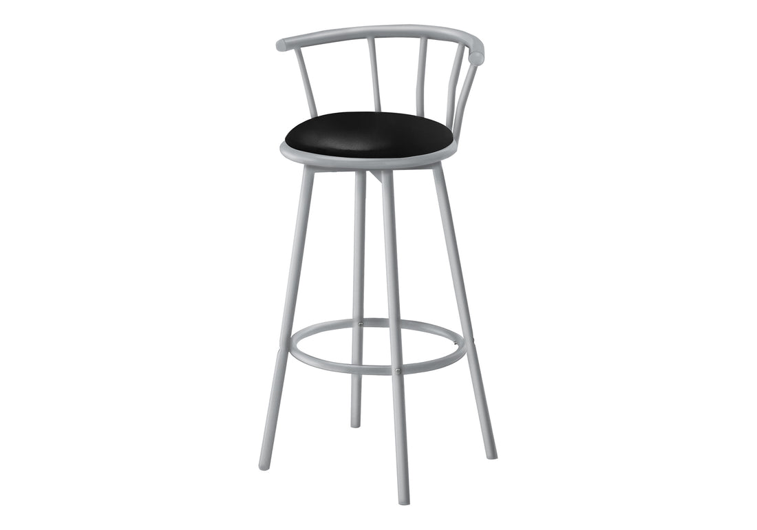 Barstool, Set Of 2, Swivel, Bar Height, Grey Metal, Black Leather Look, Contemporary, Modern Silver Foam Metal