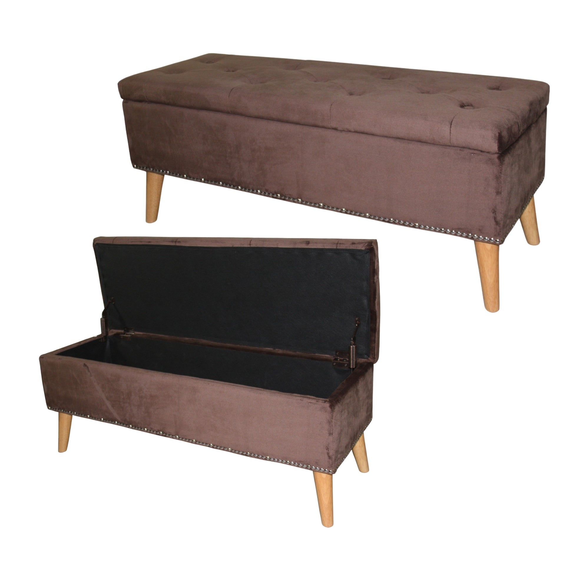 17" Tall Storage Bench, Brown Suede Brown Wood