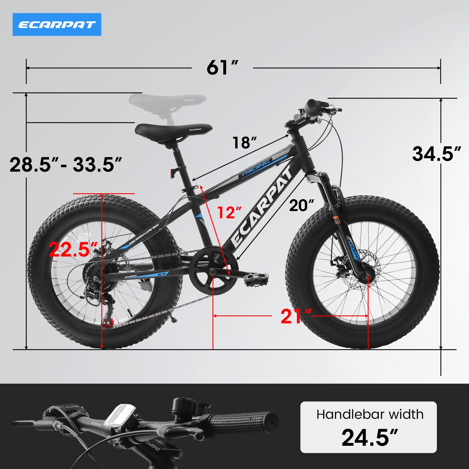 A20316 20 Inch Fat Tire Bike Adult Teen Full Shimano 7 Speed Mountain Bike, Dual Disc Brakes, High Carbon Steel Frame, Front Suspension, Mountain Dirt Bike, City Commuter City Bike, Fat Tire Bike Black Blue Without Durable Garden & Outdoor Iron