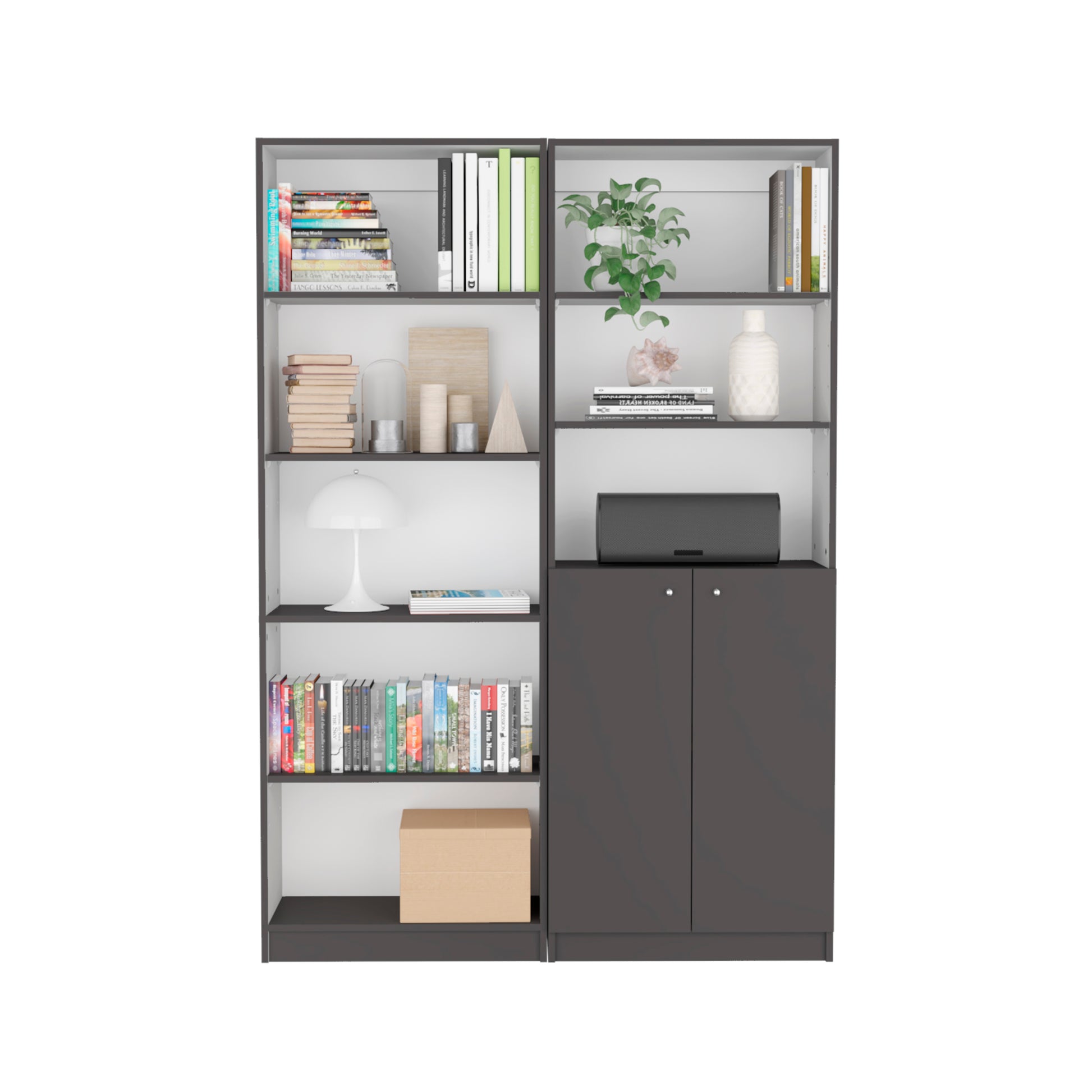 Layton 2 Piece Home Bookcase Set, 49" Wide With 8 Shelves And Double Door Cabinet, Living Room Set Matte Gray White Freestanding 5 Or More Shelves Matte Multicolor Office Adjustable Shelves Modern