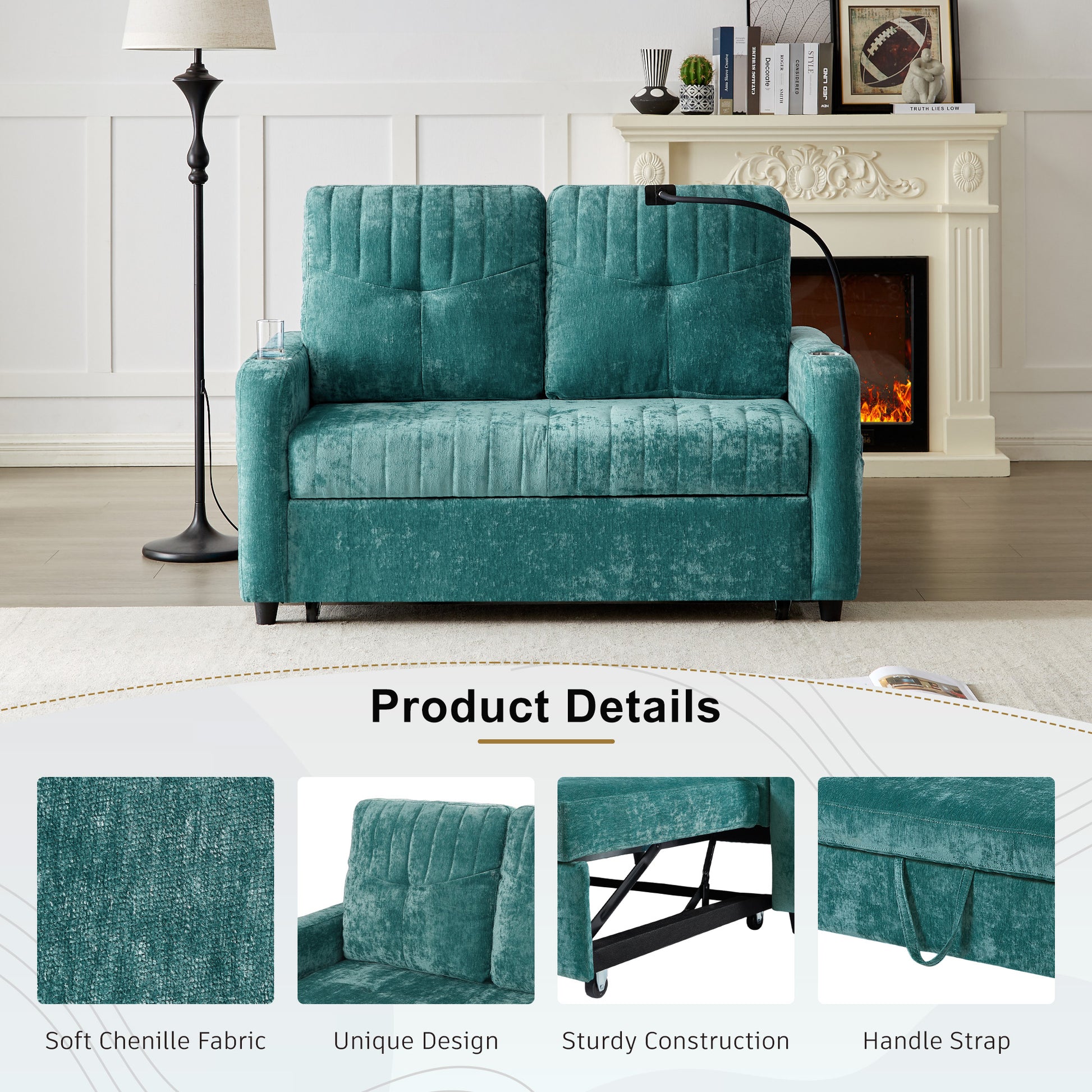 53.9" Modern Loveseat Pull Out Sofa Bed With Adjustable Backrest, Two Cup Holdersa Phone Holder, Three Charging Ports And Side Storage Pockets For Living Room, Teal Teal Foam Chenille