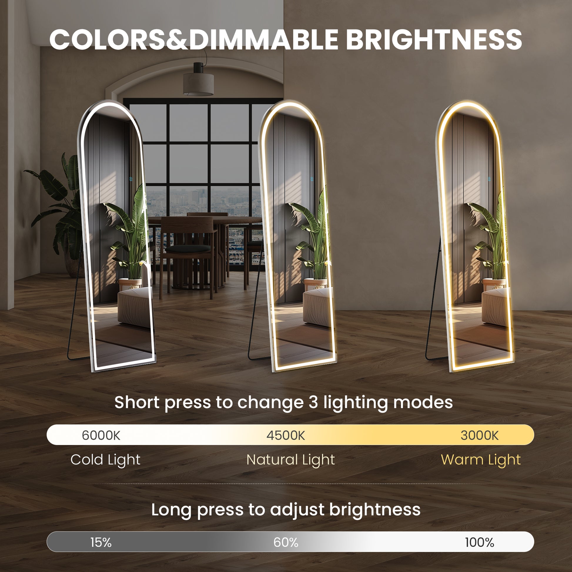 3 Color Lighting Mirror With Led Lights, 60"X16" Lighted Floor Standing Mirror With Stand Black Fiberglass