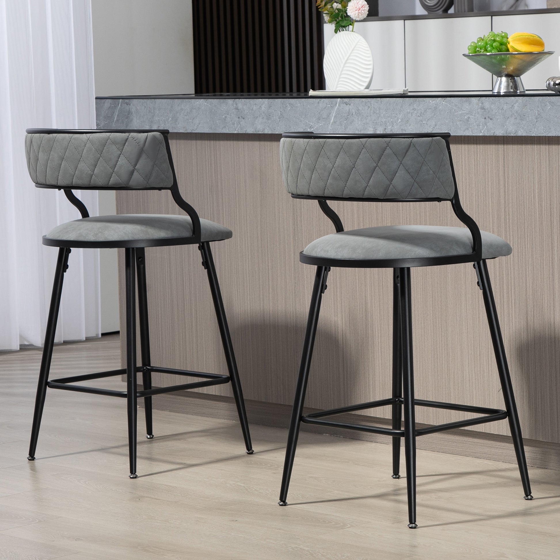 26'' Counter Height Bar Stools Pu Cover Kitchen Island Counter Bar Stool With Black Powder Coating Base And Footrest Grey Grey Kitchen Modern Foam Pu