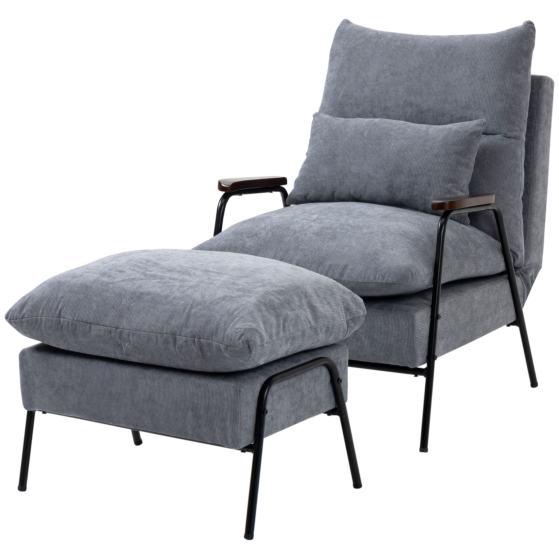 Homcom Accent Chair With Ottoman, Reclining Comfy Chair With Adjustable Backrest, Steel Frame And Pillow For Living Room, Bedroom, Light Gray Light Gray Polyester