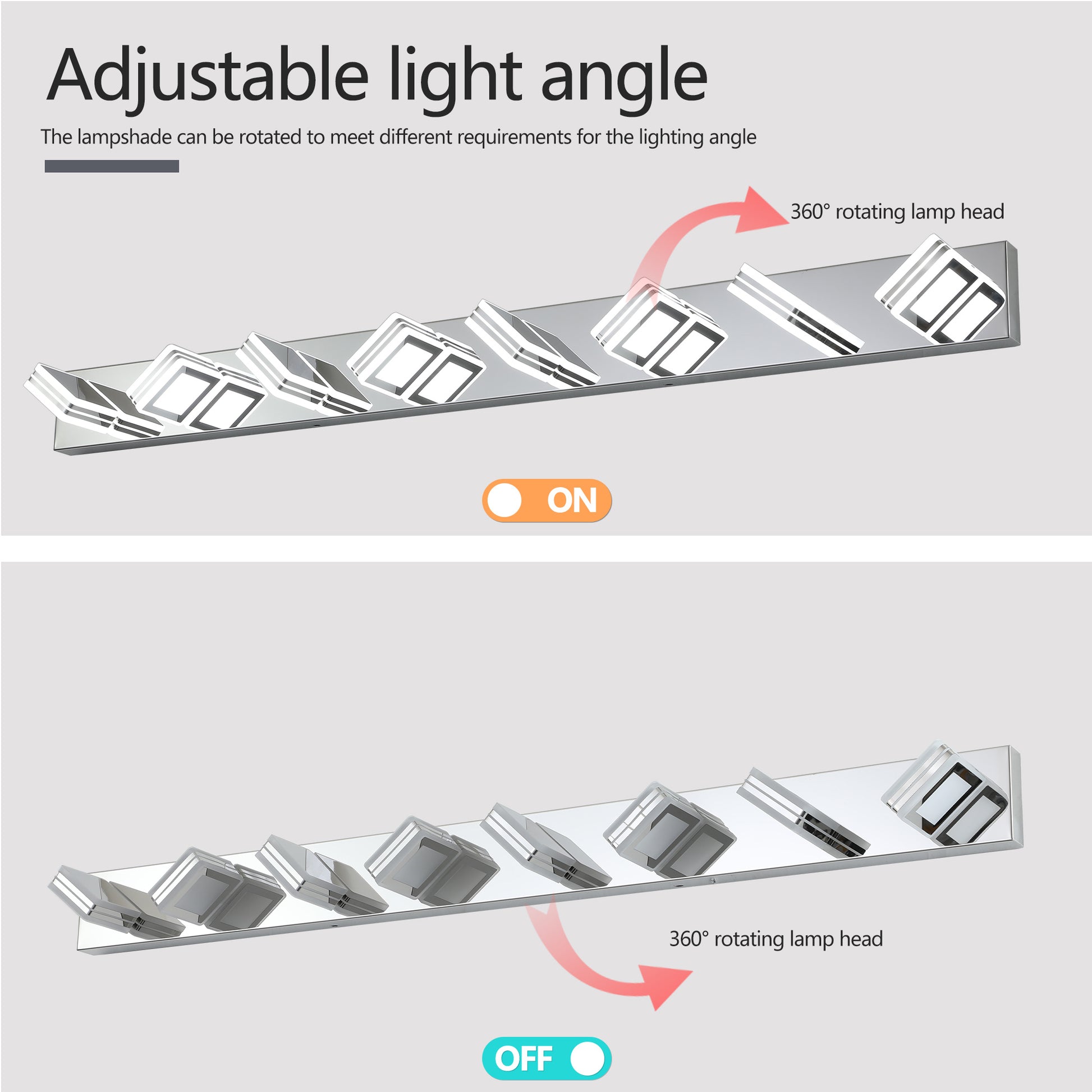 Contemporary 8 Light Led Vanity Light 52.2 Inch Chrome Fixture With Acrylic Shade, Adjustable Brightness Chrome Acrylic,Stainless Steel