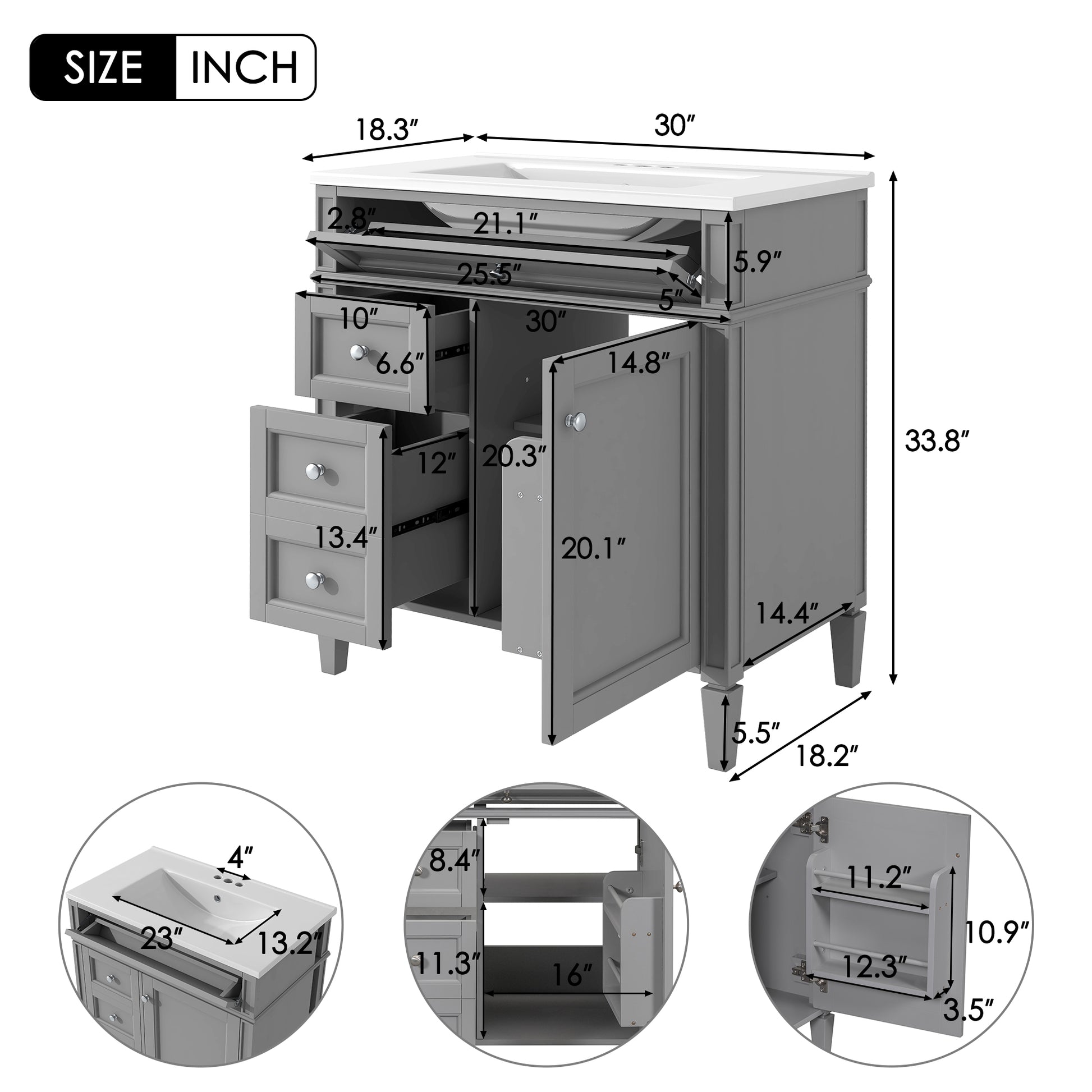 30'' Bathroom Vanity With Top Sink, Modern Bathroom Storage Cabinet With 2 Drawers And A Tip Out Drawer, Freestanding Vanity Set With Mirror Cabinet, Single Sink Bathroom Vanity Grey Bathroom Solid
