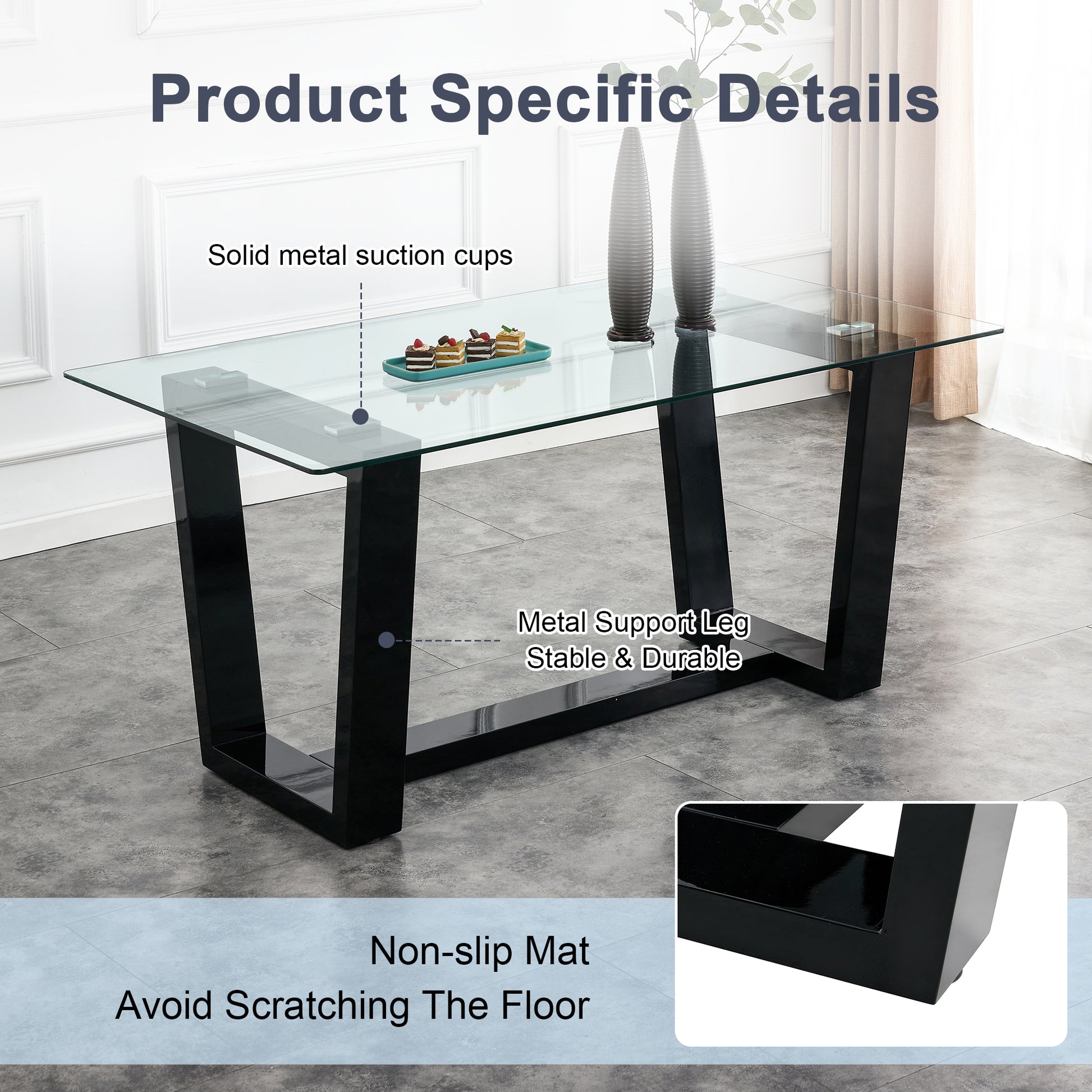 Table And Chair Set.A Rectangular Dining Table Features With Tempered Glass Top And Sleek Black Mdf Stand.Paried With 6 Pu Chairs With Checkered Armless High Back And Electroplated Metal Legs. Transparent,White Seats 6 Mdf Glass