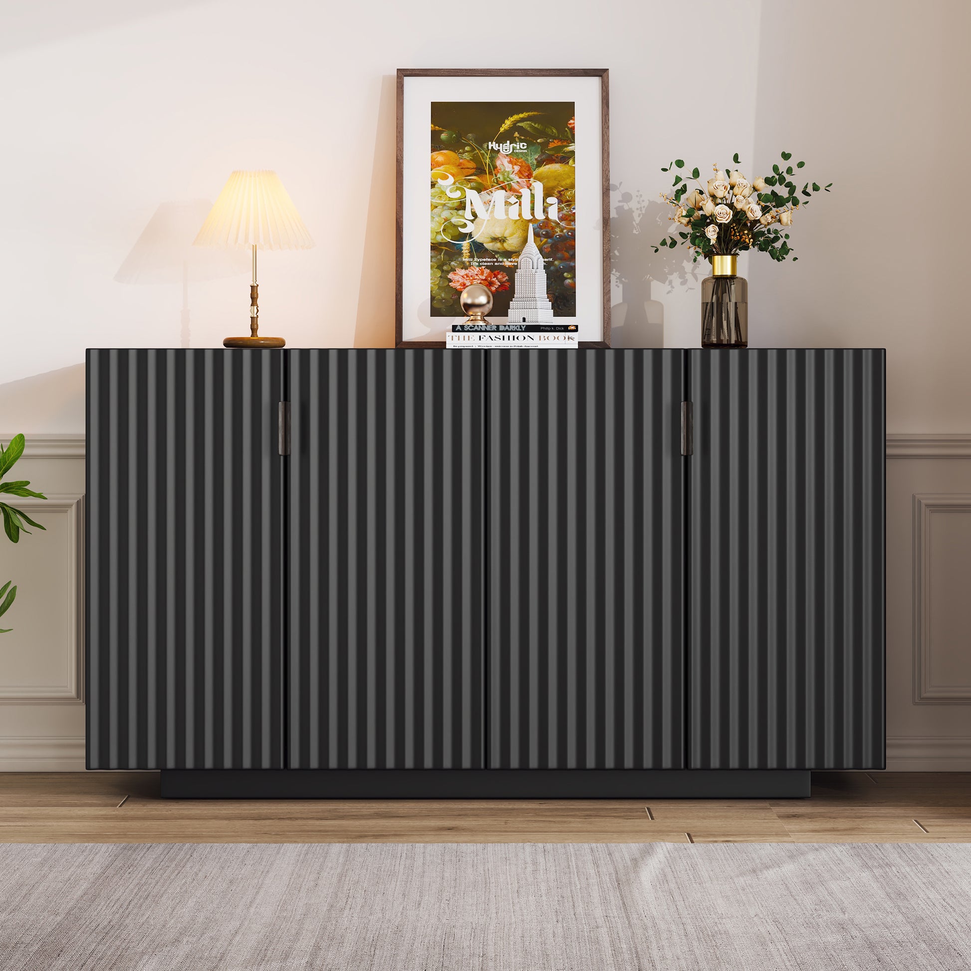 4 Wavy Doors Large Storage Space Sideboard With Adjustable Shelves And Retro Copper Handles For Dining Room And Living Room Black Black Mdf