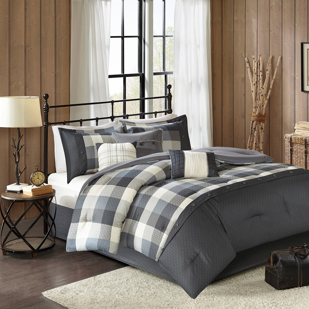 7 Piece Herringbone Comforter Set Grey Cal King Grey Polyester