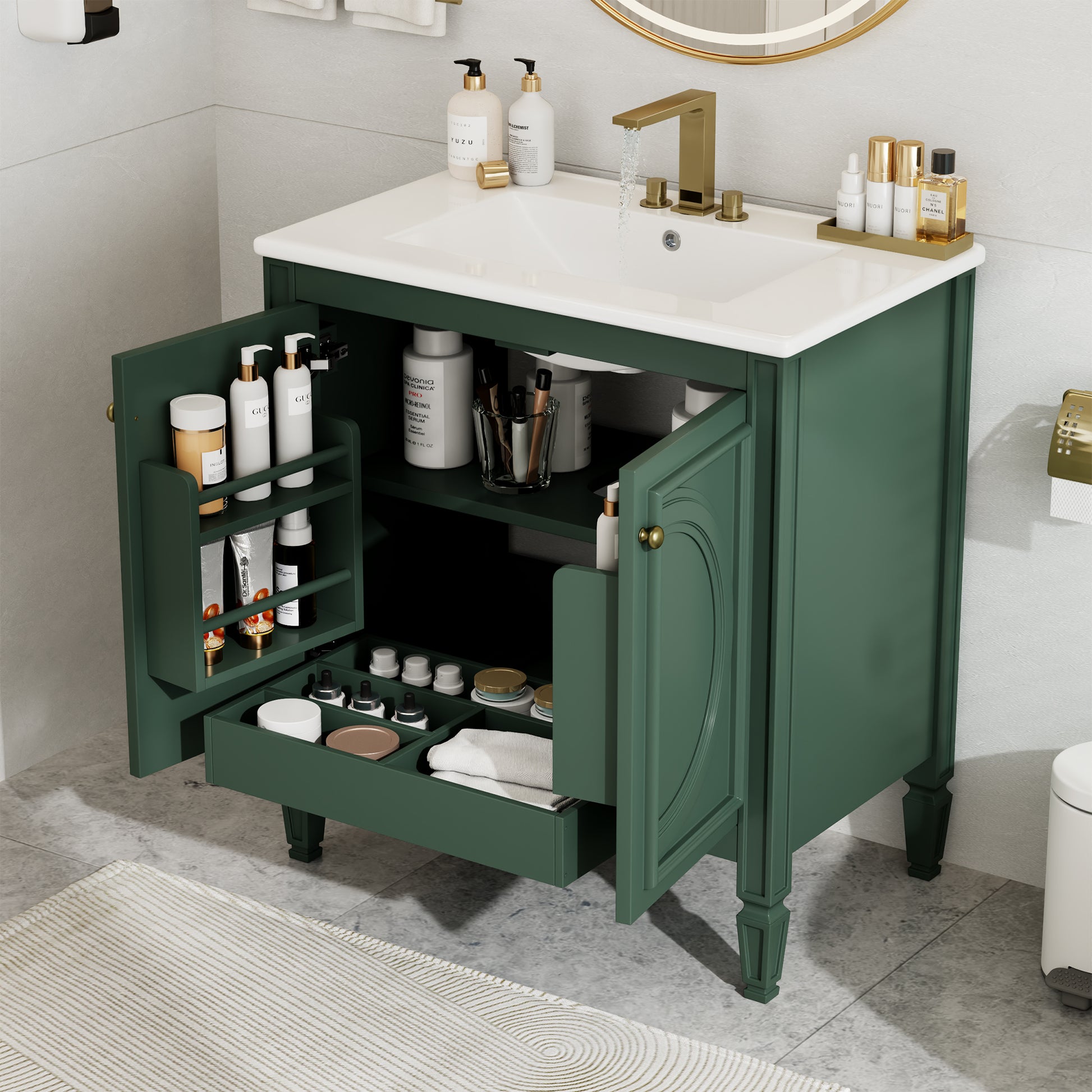 30" Bathroom Vanity With Sink, Two Doors With Shelf, Soft Close Door Hinges, Vintage Style, Green Green Ceramic Mdf,Rubber Wood