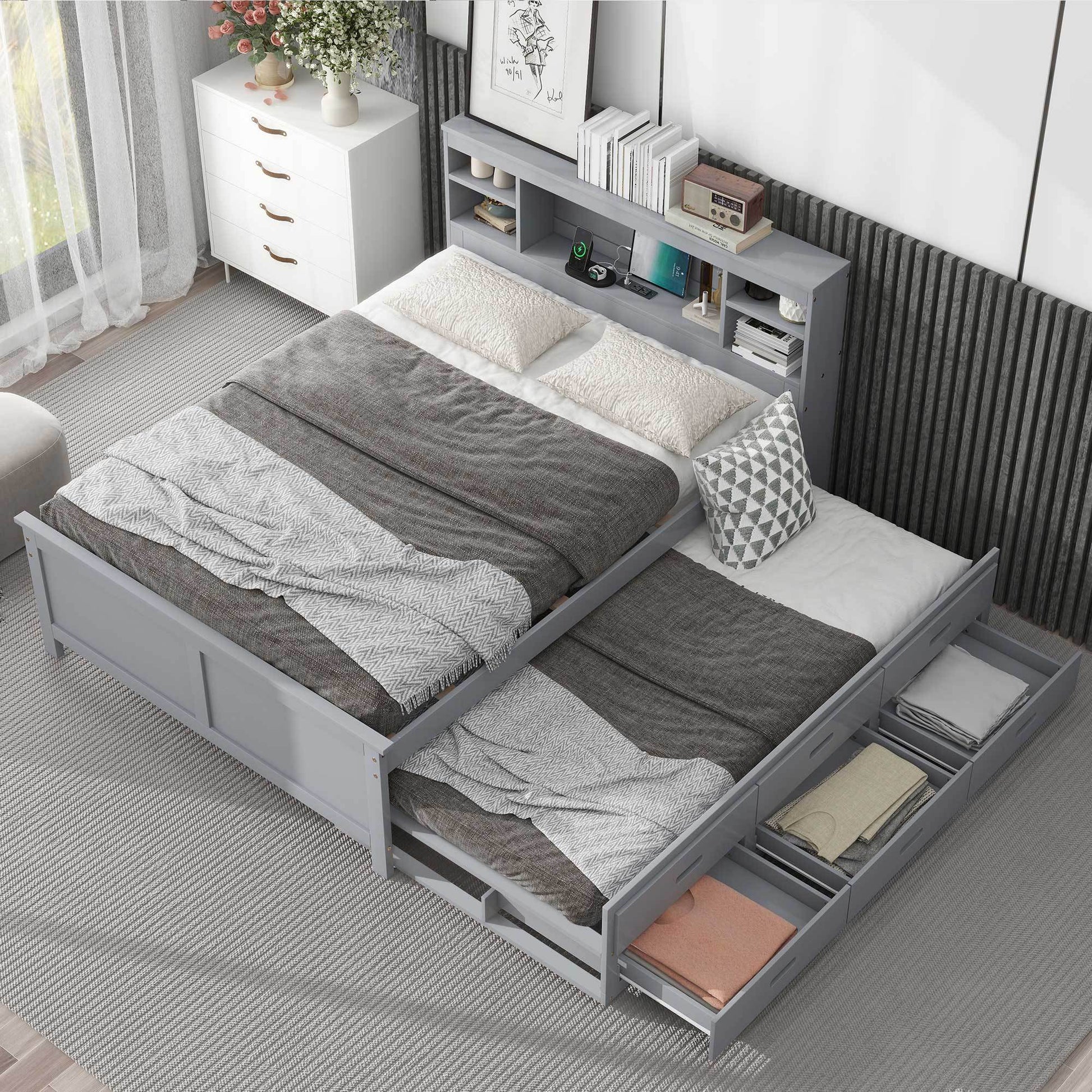 Full Size Platform Bed With Storage Headboard, Usb, Twin Size Trundle And 3 Drawers, Gray Box Spring Not Required Full Gray Wood Bedroom Bed Frame Solid Wood Mdf