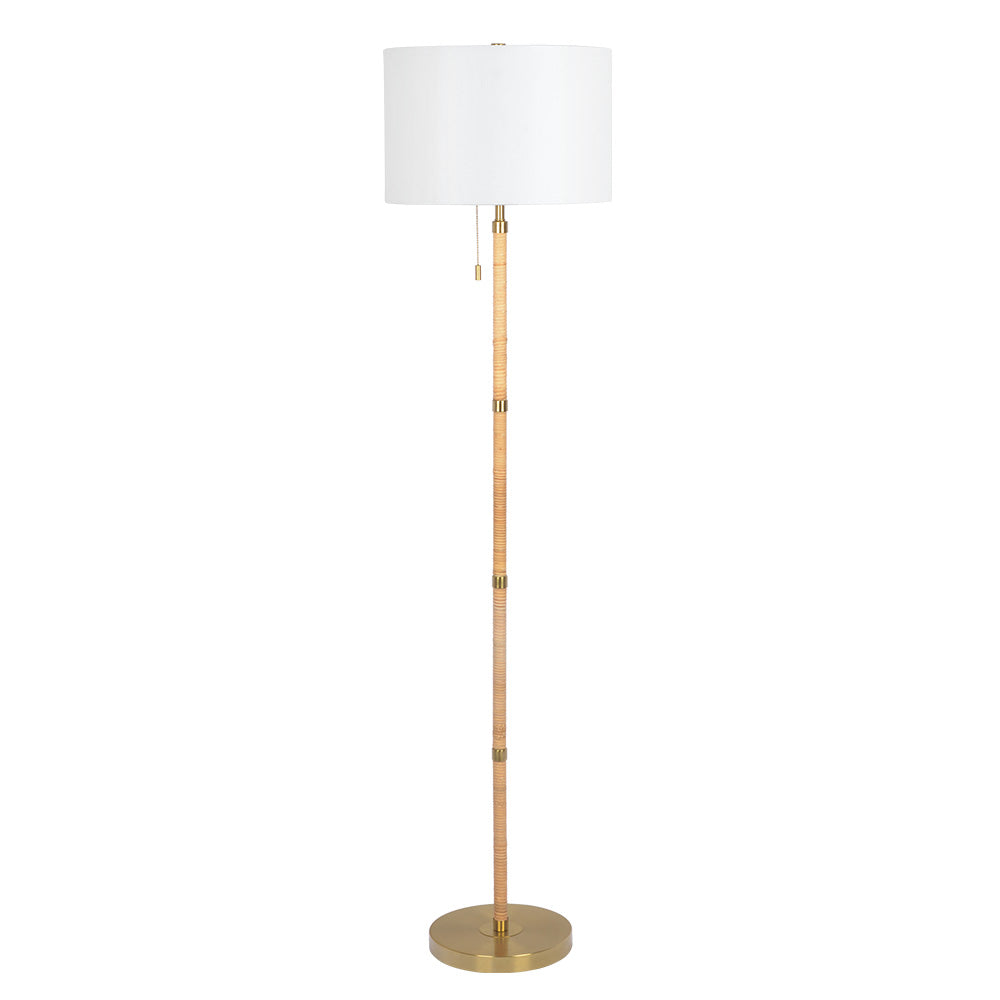 Stellar Wood Rattan Tubegold Brass Metal And White Linen Shade Floor Lamp Gold,Natural Wood,Rattan,White Brass,Linen,Rattan,Wood