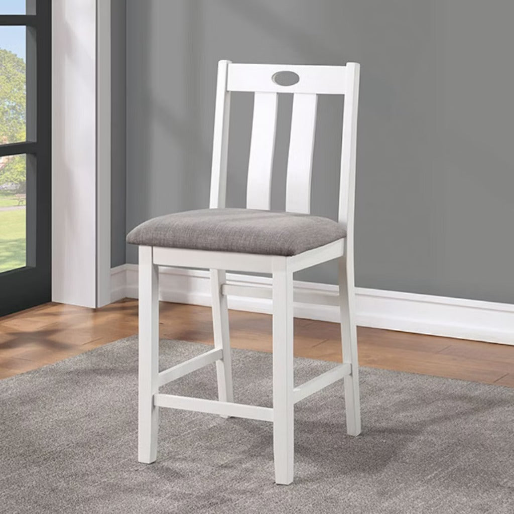 White Solid Wood 5Pc Counter Height Dining Set Table 4X Chairs Gray Linen Like Fabric Cushions Seats Chairs Dining Room Wood Dining Room Solid Wood Square Dining Table With Chair Wood Wood White Gray Slat Back Seats 4 36 Inches