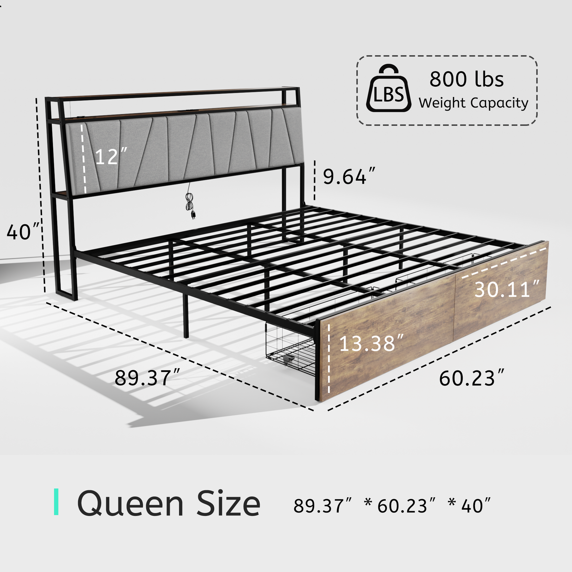 Queen Bed Frame With Storage, Ergonomic Headboard, Bed Frame With 2 Storage Drawers, Built In Charging Station & Led, Outlets & Usb, Queen Size, Noise Free, No Box Spring Needed, Rustic Brown Box Spring Not Required Queen Rustic Brown Metal Brown Bedroom