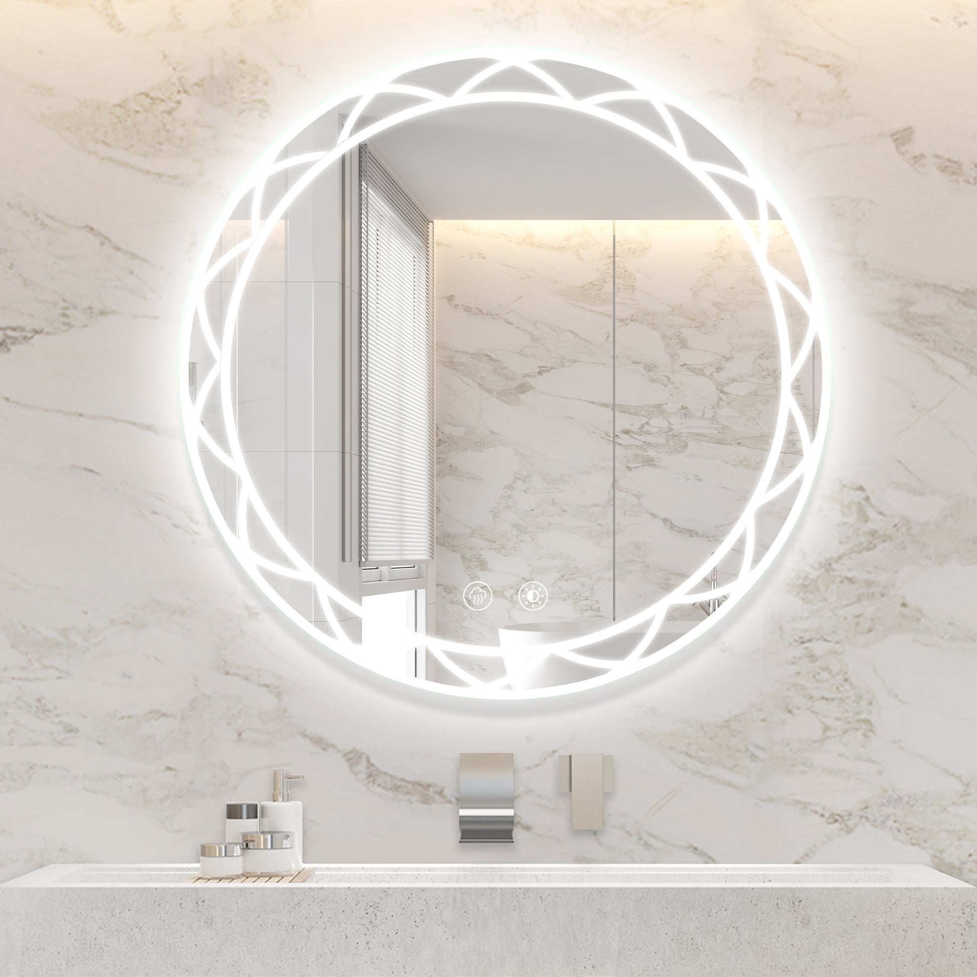 30" Round Led Bathroom Mirror Adjustable Color Temperatures And Anti Fog, Wall Mounted Design White Black Aluminium,Tempered Glass