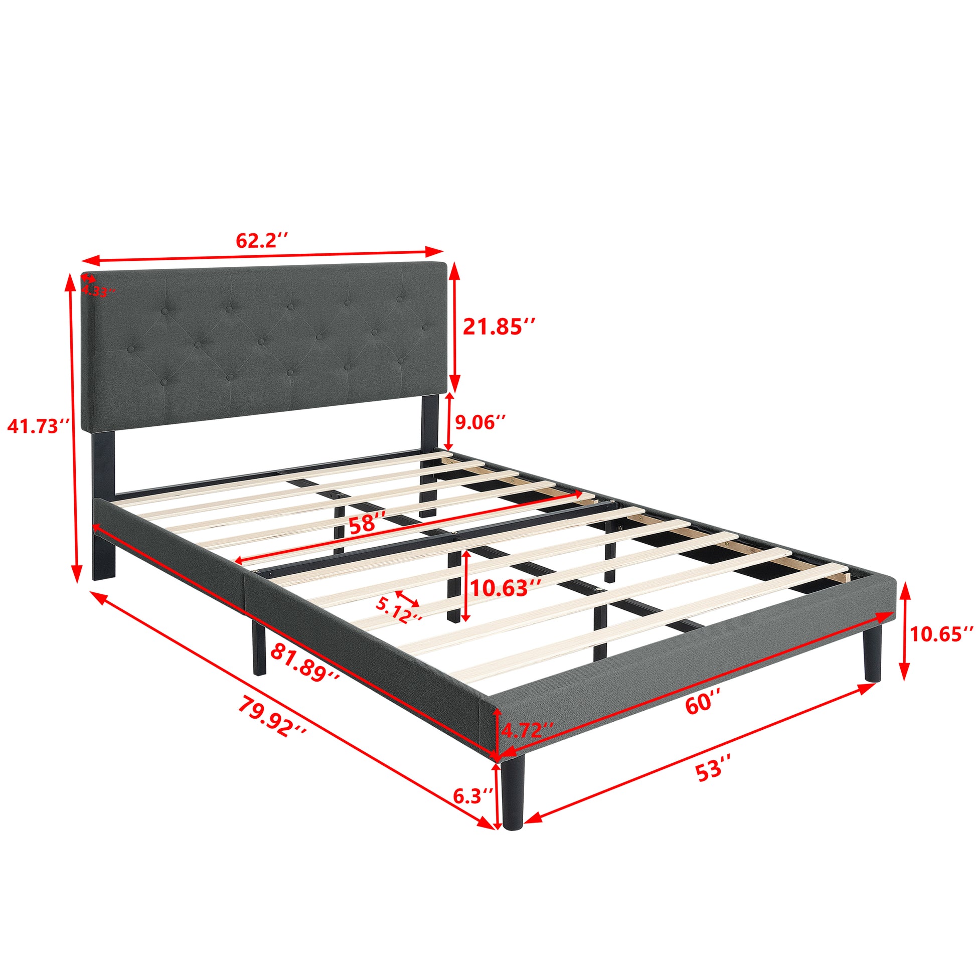 Queen Size Upholstered Platform Bed Frame With Modern Button Tufted Linen Fabric Headboard, No Box Spring Needed, Wood Slat Support, Easy Assembly, Dark Grey Queen Dark Gray Linen