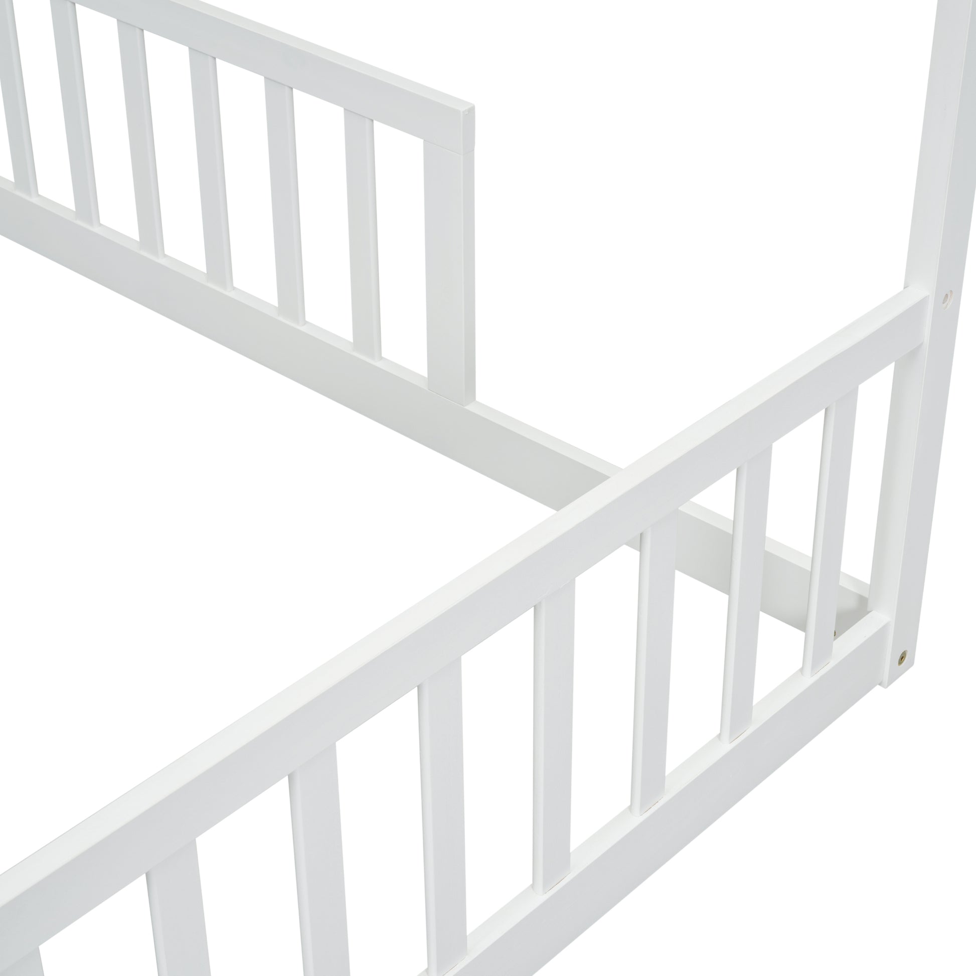 Double Twin House Style Floor Bed With Fence, Guardrails, Without Door, White Twin White American Design Pine