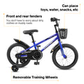 C14111A Kids Bike 14 Inch For Boys & Girls With Training Wheels, Freestyle Kids' Bicycle With Bell,Basket And Fender. Blue Steel