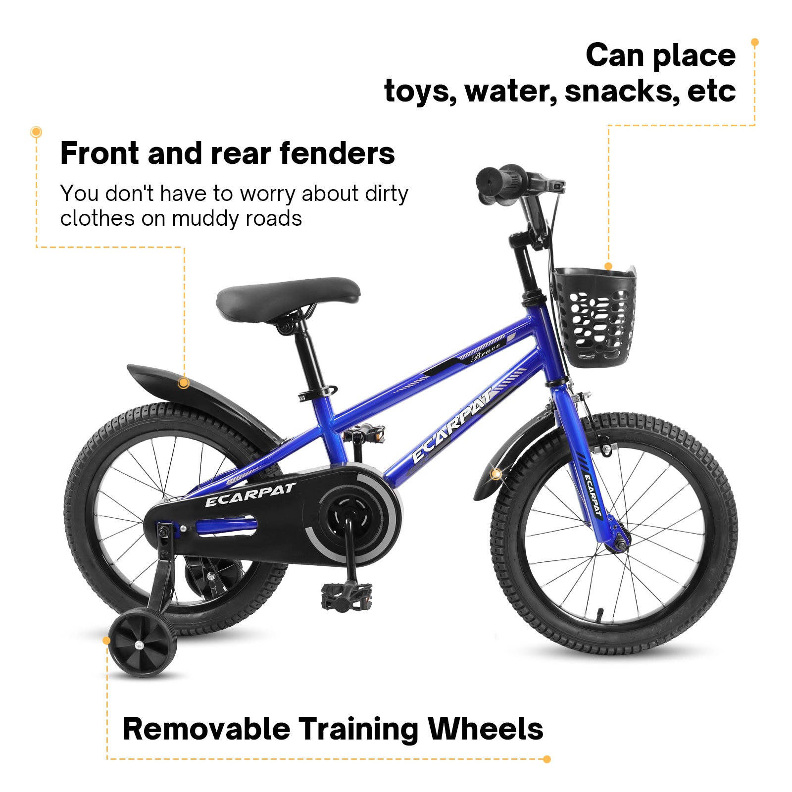 C14111A Kids Bike 14 Inch For Boys & Girls With Training Wheels, Freestyle Kids' Bicycle With Bell,Basket And Fender. Blue Steel