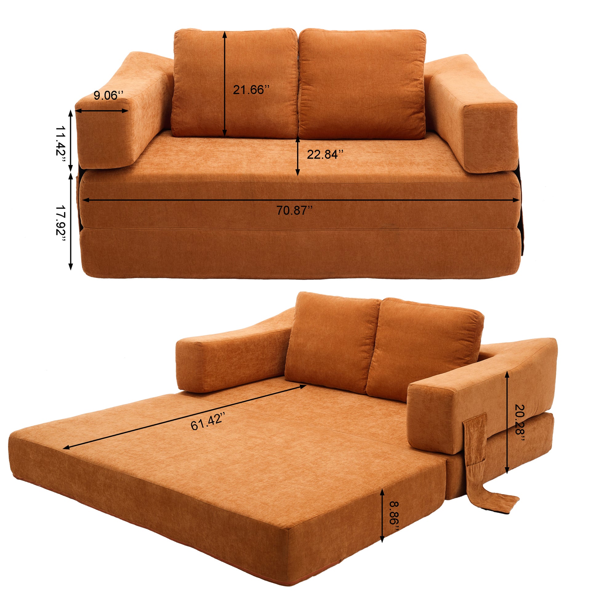 Modern Minimalist Sofa, Fold Out Sofa Bed, Convertible Chair Floor Couch & Sleeping Mattress For Living Room, Bedroom, Apartment, Removable Backrest, Orange Orange Chenille Soft Vintage Chenille 2 Seat