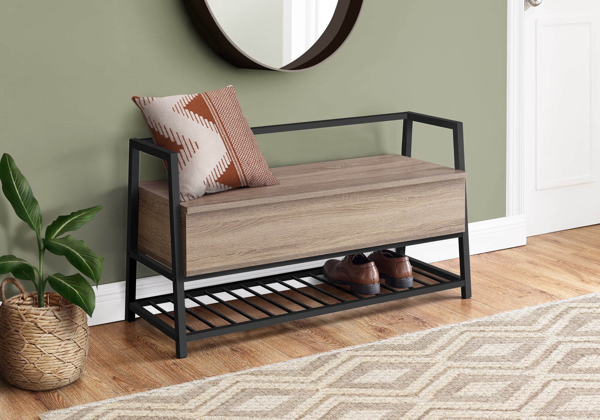 Bench, Entryway, Hallway, Storage, 42" Rectangular, Brown Laminate, Black Metal, Contemporary, Modern Taupe Mdf