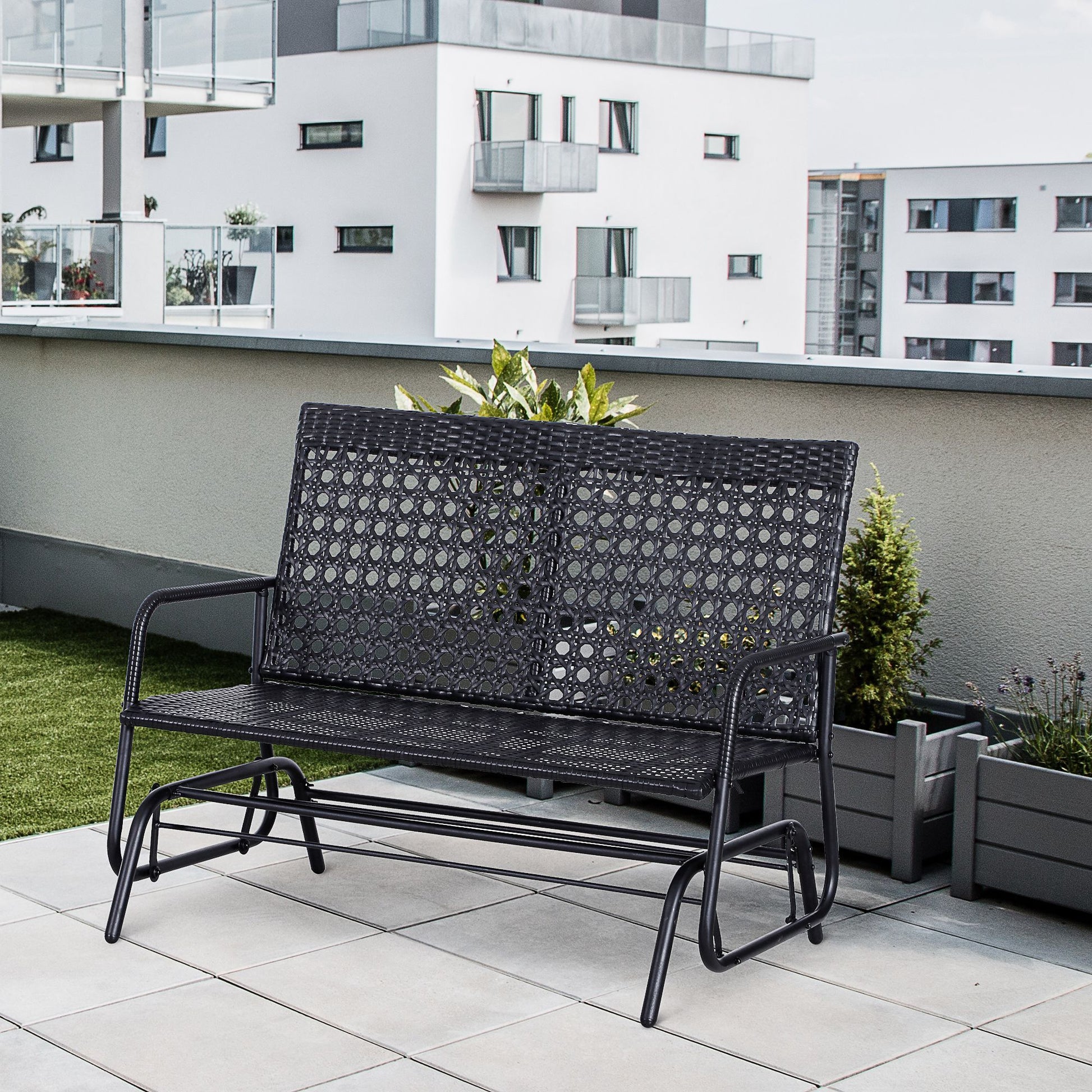 Outsunny Patio 2 Person Wicker Glider Bench Rocking Chair, Outdoor All Hand Woven Pe Rattan Loveseat W Ergonomic Design Rocking System For Patio, Garden, Porch, Lawn, Black Black Steel