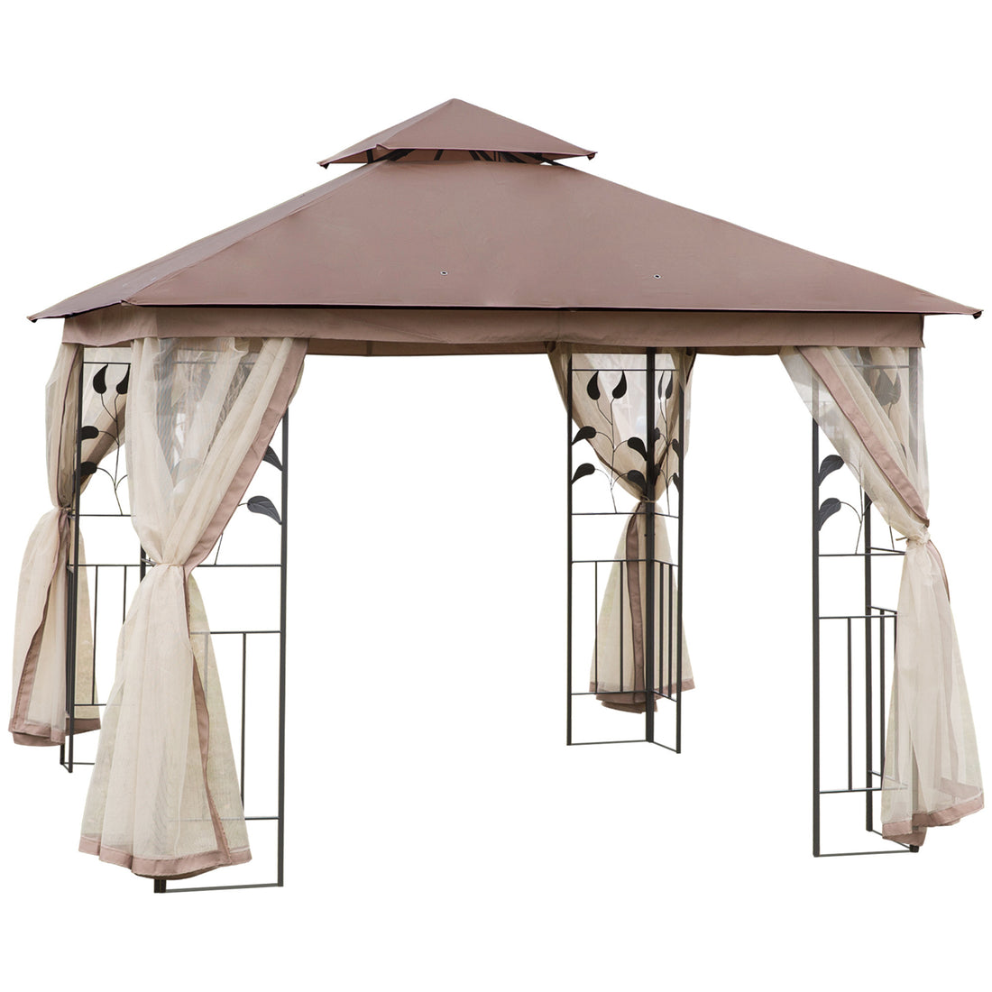 Outsunny 10' X 10' Metal Patio Gazebo, Double Roof Outdoor Gazebo Canopy Shelter With Tree Motifs Corner Frame And Netting, For Garden, Lawn, Backyard, And Deck, Brown Brown Polyester