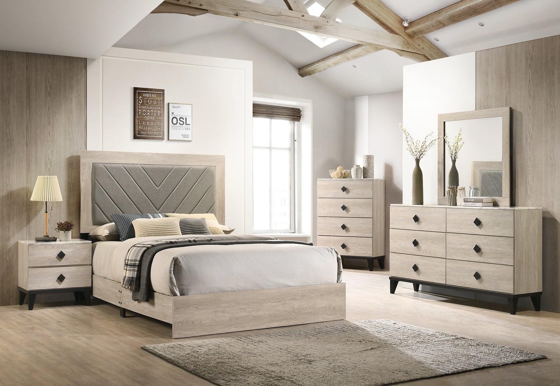 Contemporary 1Pc Cream Finish Queen Size Bed Bedroom Furniture Gray V Design Headboard Rubberwood 1Pc Bedframe Box Spring Required Queen Cream Grey Wood Bedroom