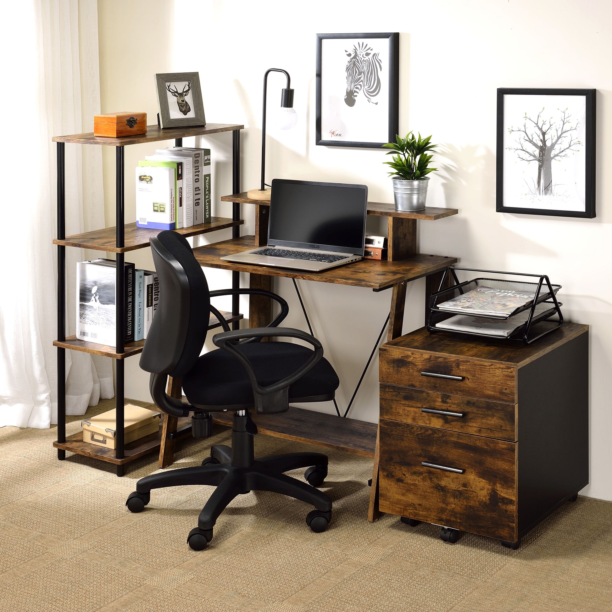 Weathered Oak And Black Writing Desk With Upper Shelf Brown Writting Desk Office Rectangular Wood