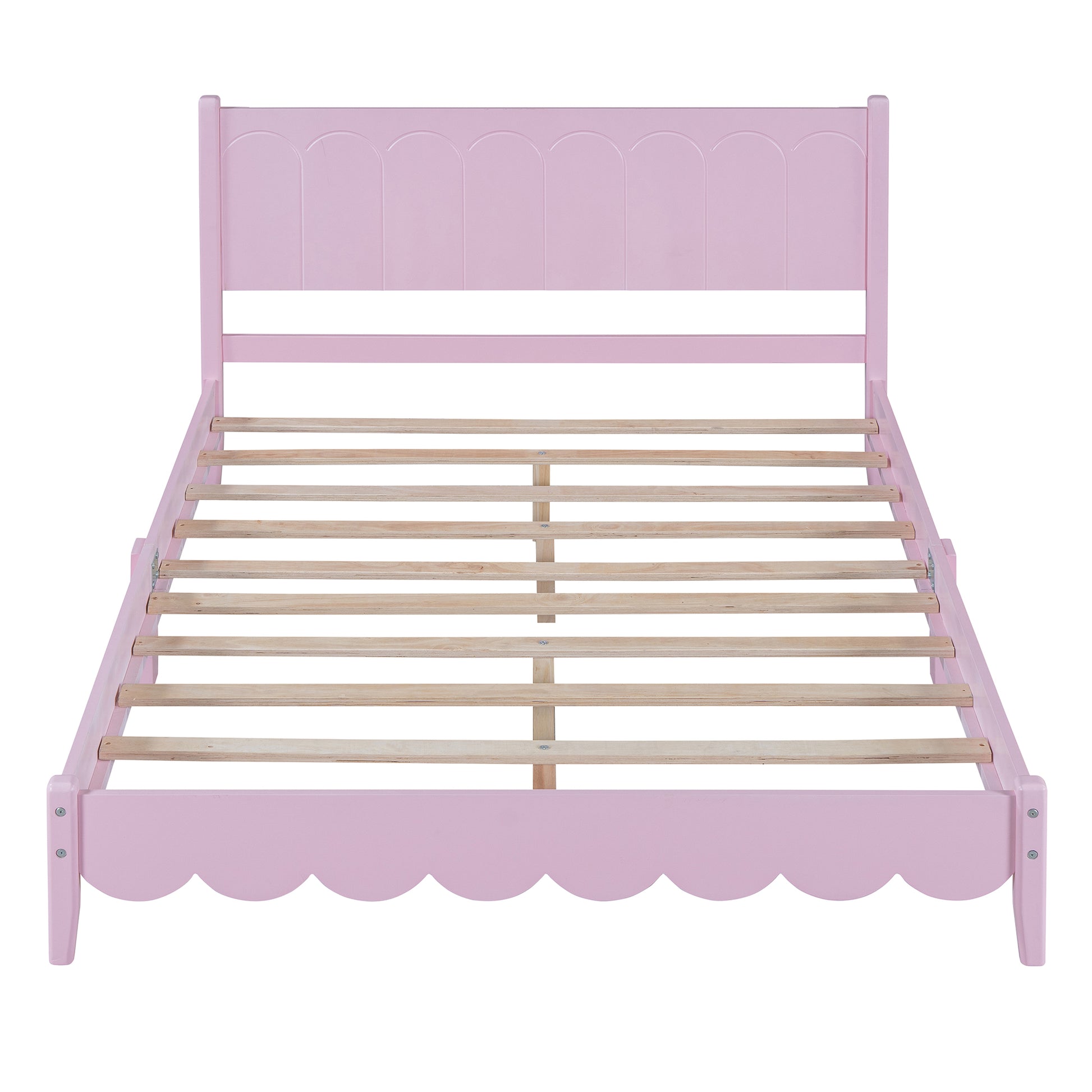 Full Size Wood Platform Bed Frame, Retro Style Bed With Rectangular Headboard,No Need Box Spring,Pink Full Pink Wood