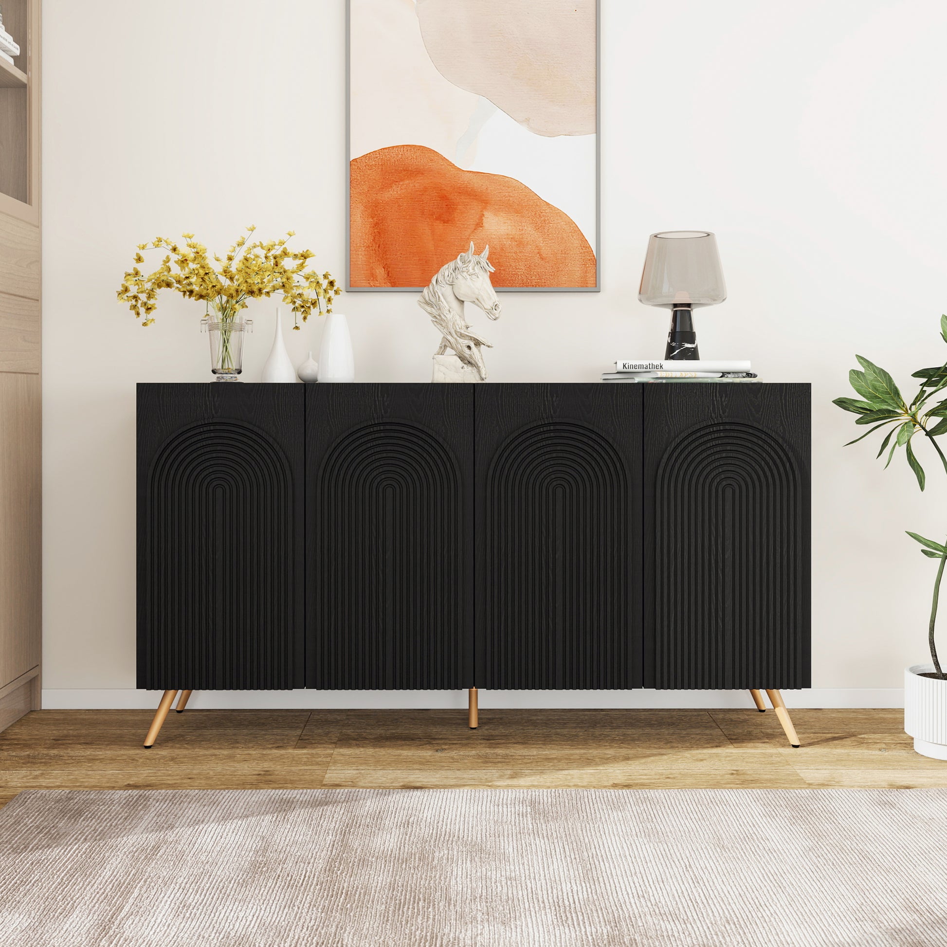 Arch 3D Carved 4 Door Sideboard ,Sideboard Buffet Cabinet With Storage ,Modern Coffee Bar Cabinet With Adjustable Shelf For Living Room Diningroom & Kitchen Black Modern Mdf