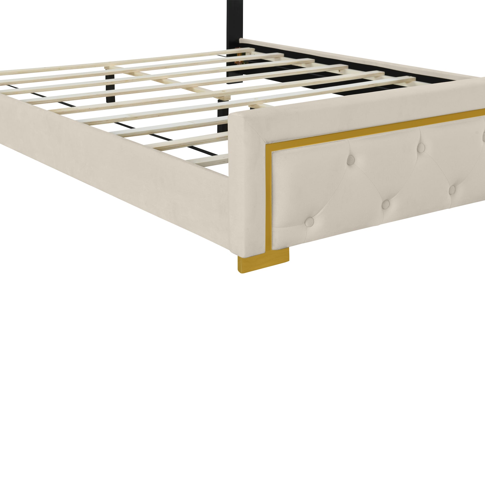 Queen Size Upholstered Platform Bed With Pull Point Headboard And Metal Wire Frame At The Head And Foot Of The Bed, Metal Feet, Velvet, Beige Queen Beige Mdf Lvl