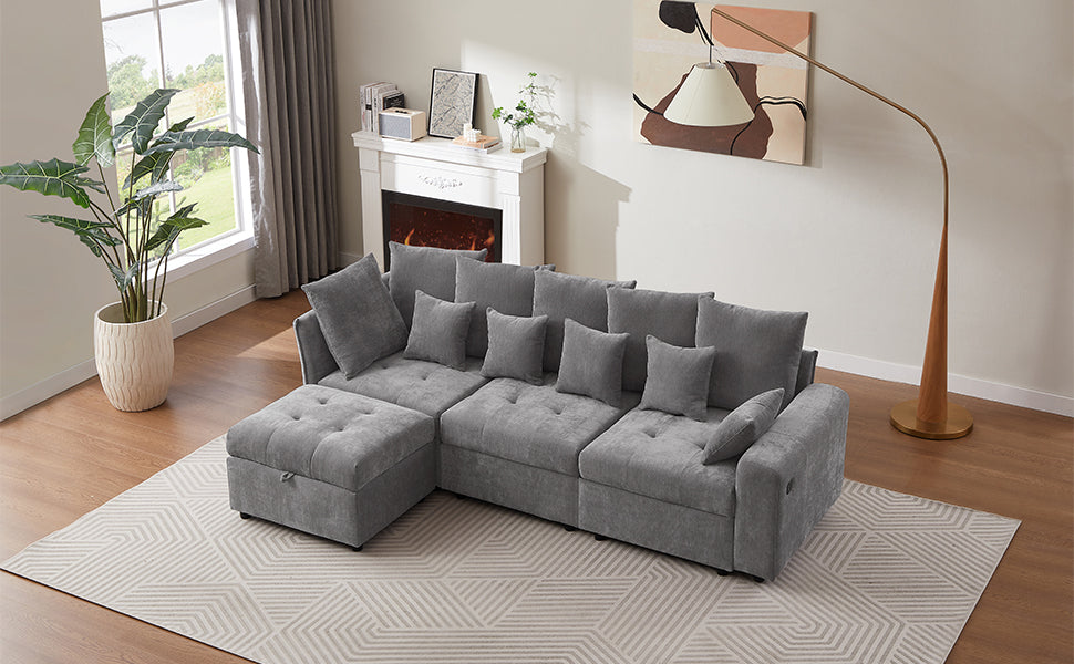 96.45"Sectional Sofa Modular Sofa Couch With Three Usb Ports, A Removable Storage Ottoman And Five Back Pillows For Living Room, Grey Grey Foam Chenille 4 Seat