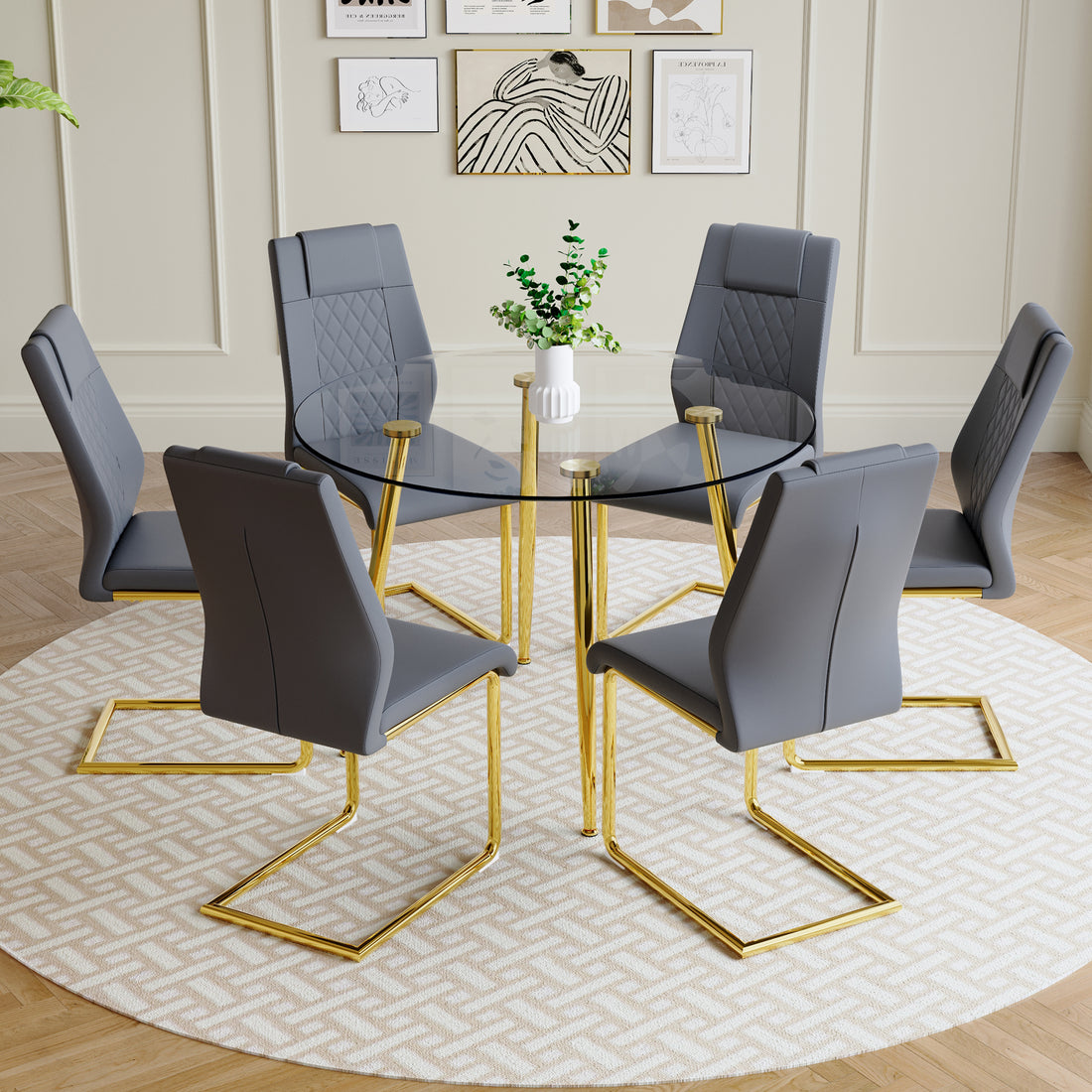 A Modern Minimalist Style Round Transparent Tempered Glass Table With Gold Metal Legs, Paired With 6 Modern Pu Leather High Back Dining Chairs Bring A Luxurious Experience. Gray Seats 6 Glass Metal