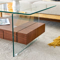 43.3 Inch Modern Two Tier Coffee Table Clear Tempered Glass And Dark Wood Grain, Multifunctional Storage Design.The Bottom Tier Includes A Drawer.Can Be Used As A Coffee Table,Side Table,Etc.