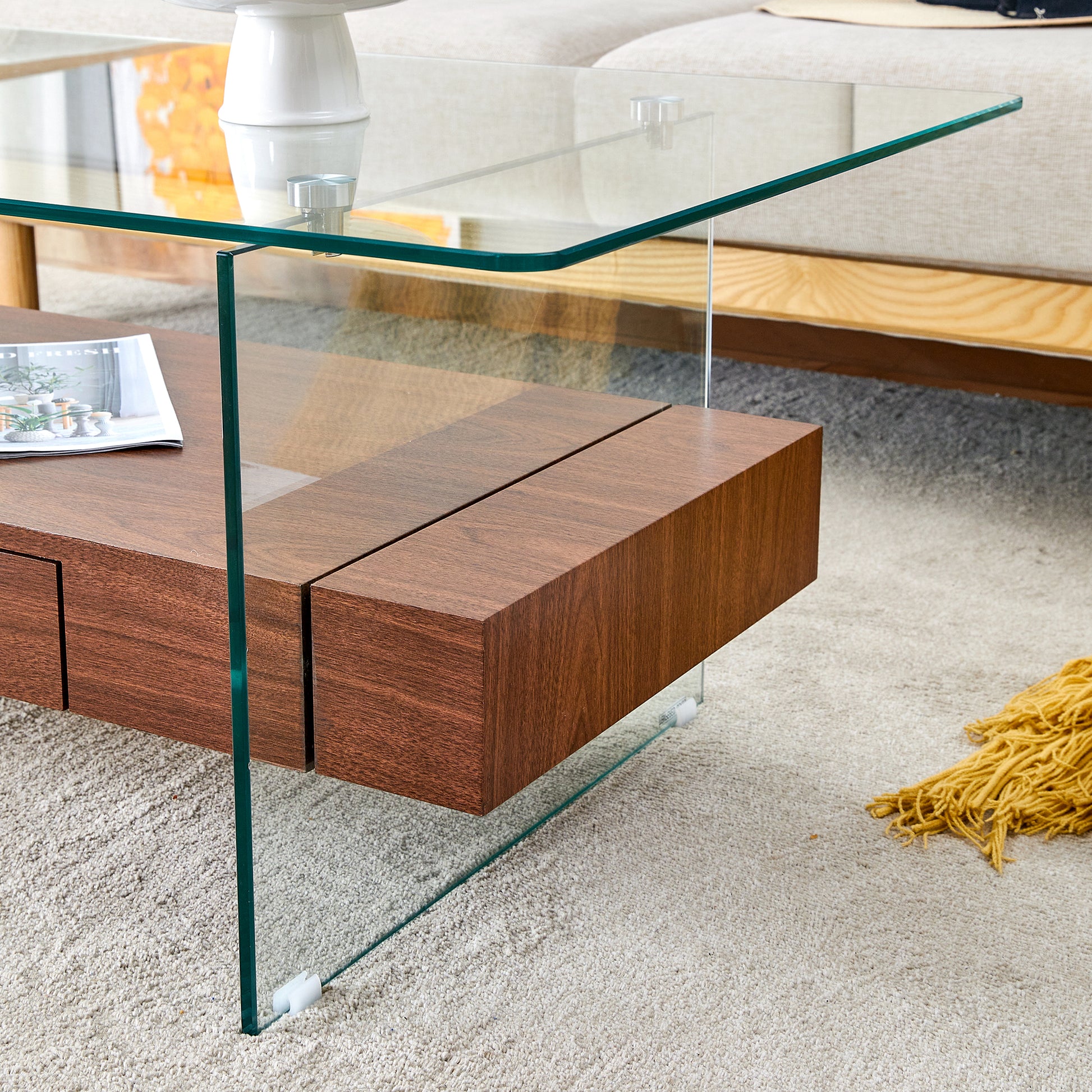 43.3 Inch Modern Two Tier Coffee Table Clear Tempered Glass And Dark Wood Grain, Multifunctional Storage Design.The Bottom Tier Includes A Drawer.Can Be Used As A Coffee Table,Side Table,Etc.
