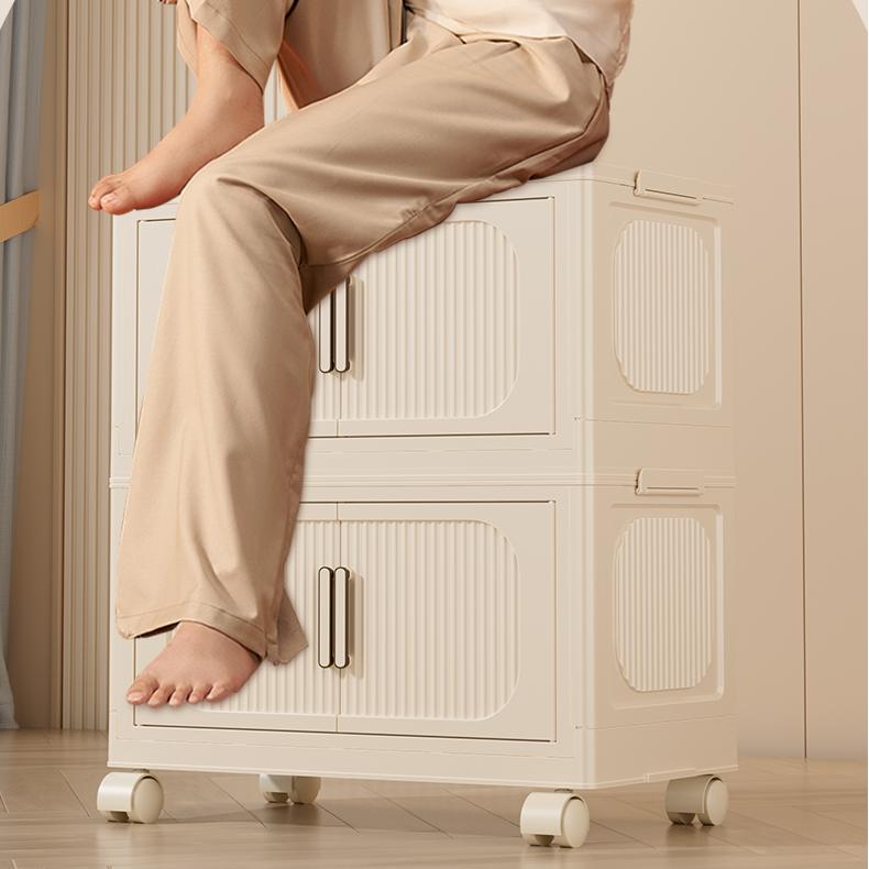 Cream White,19.69" Side Wide Folding Storage Cabinet ,4 Tiers,19.69" 11.81" 40.55",Collapsible Storage Bins With Magnetic Door, Plastic Storage Cabinet With Wheels Cream White Plastic