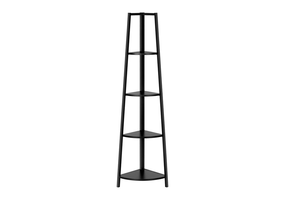 Bookshelf, Bookcase, Etagere, Corner, 4 Tier, 60"H, Office, Bedroom, Black Laminate, Black Metal, Contemporary, Modern Black Particle Board