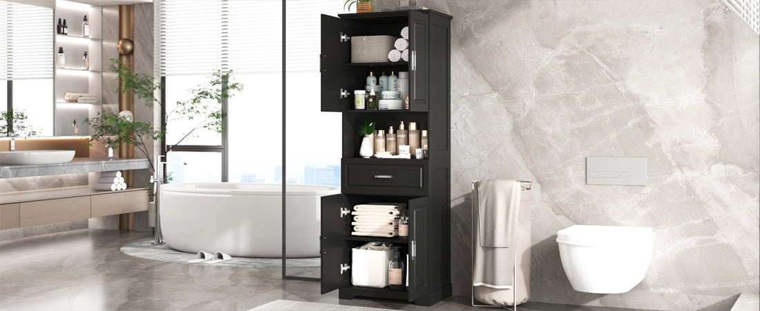 Tall Bathroom Cabinet With Four Doors, Large Storage Space Open Shelve, Upper Storage Cabinet, Black Black Mdf