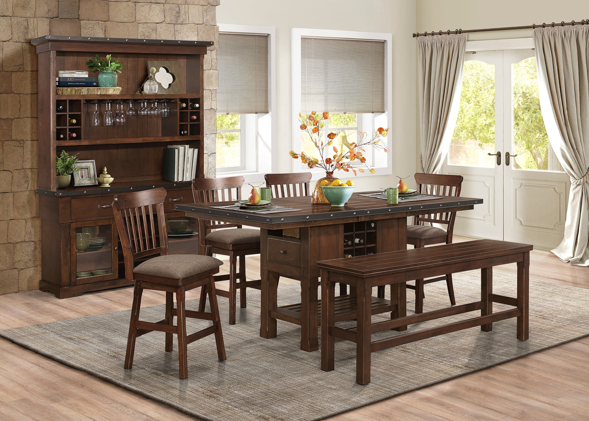 Dark Brown Finish Storage Base Counter Height Table 1Pc Extension Leaf 2 Drawers 9 Bottles Wine Rack Decorative Metal Rivet Banding Dining Furniture Dark Brown Seats 6 Dining Room Transitional Kitchen & Dining Tables Rectangular Wood