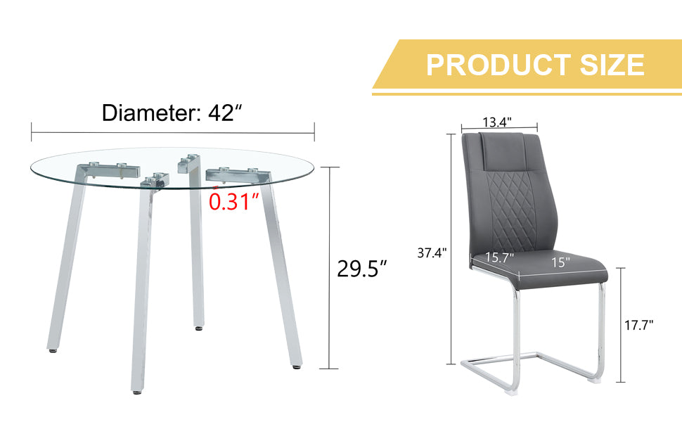 Table And Chair Set.A Modern Minimalist Style Round Clear Tempered Glass Table With Silver Metal Legs.And 4 Dark Gray Chairs With Modern Pu Leather High Back Upholstered And C Tube Chrome Legs. Dark Gray,Silver Seats 4 Glass Metal