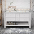 61'' Bathroom Vanity With Marble Top & Double Ceramic Sinks, 4 Drawers, Open Shelf, White White Plywood